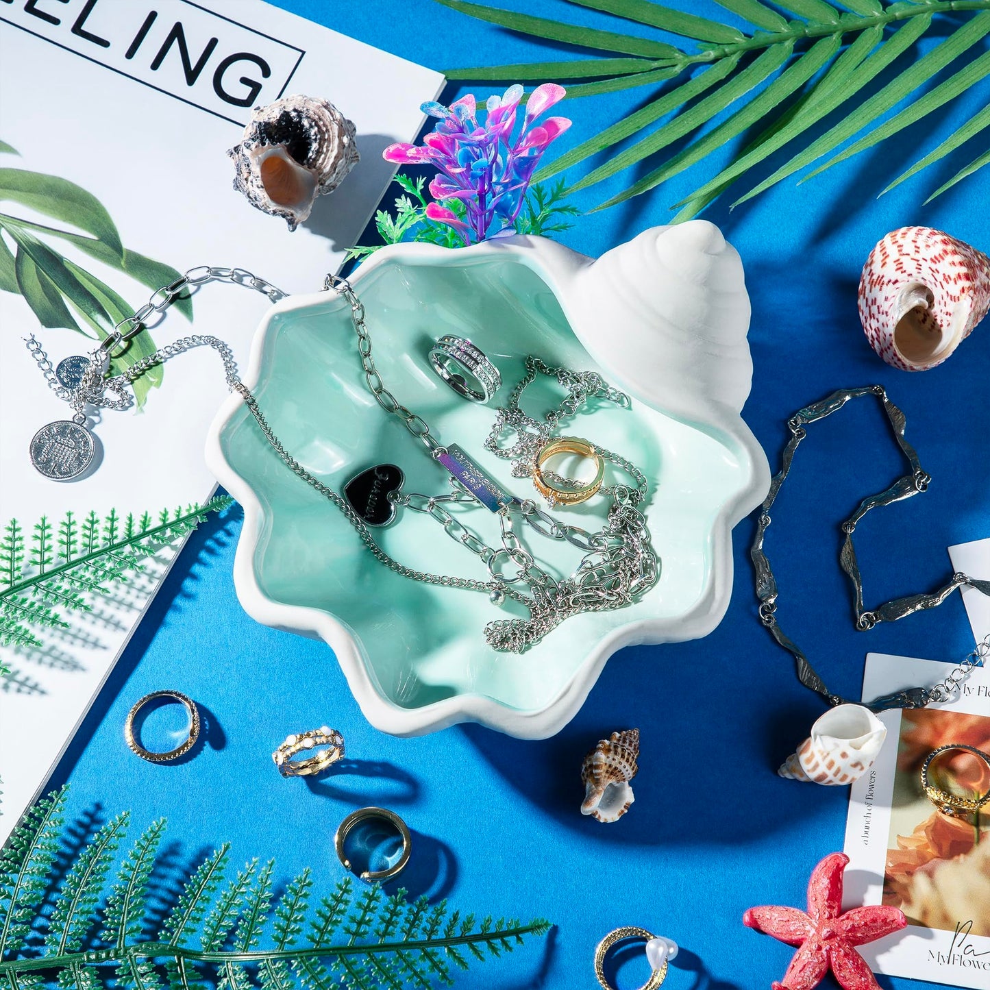 OSOPOLA Ceramic Shell Jewelry Tray - Ocean-themed Decorative Ring Holder Dish Key Tray Cute Jewelry Plate Trinket for Women Home Decor,Christmas Birthday Gifts HE02SL