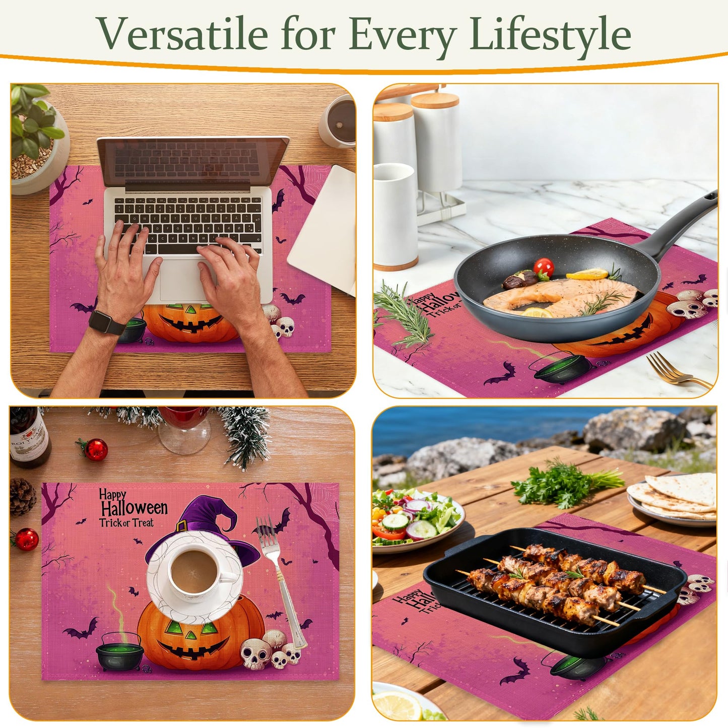 Black Cat Table Placemats Set of 6,Non-Slip Halloween Pumpkin Fabric Placemats for Dining Room Kitchen Party Holiday, Indoor Cloth Table Mats for Home Decor 11.8x17.7 Inch