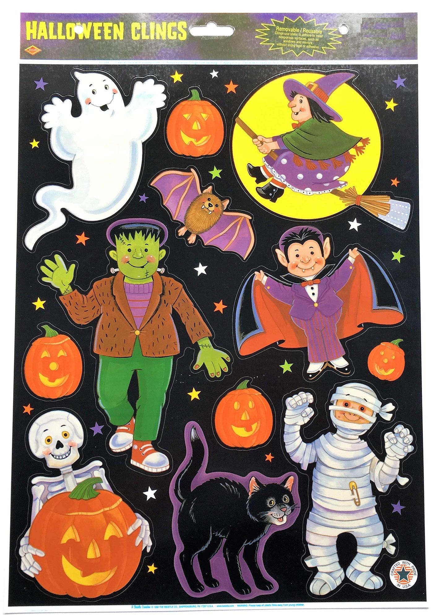 Beistle 3-Pack Halloween Window Sticker Clings Bundle Featuring Pumpkins, Ghosts & More