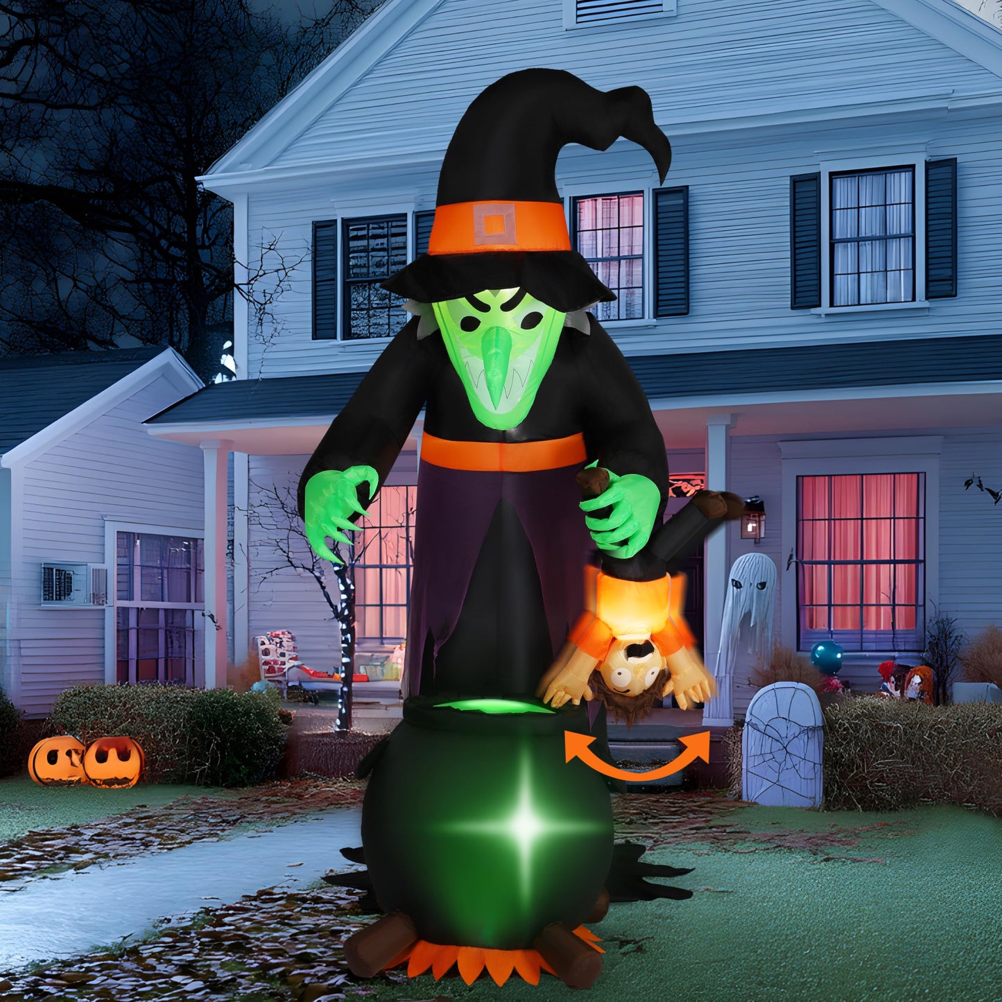JOYIN 7FT Halloween Witch Animated Inflatable Decoration Witch Swinging Child Over Cauldron Inflatable Decoration Built in LED Giant Halloween Animatronics