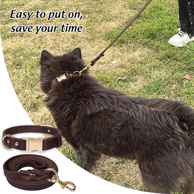 LWBMG 6FT Leather Dog Collar and Leash Set, Heavy Duty Dog Leash and Collar with Metal Buckle,Adjustable Pet Lead and Collar Set, Soft Pet Leash and Collar for Medium Large Dogs Brown