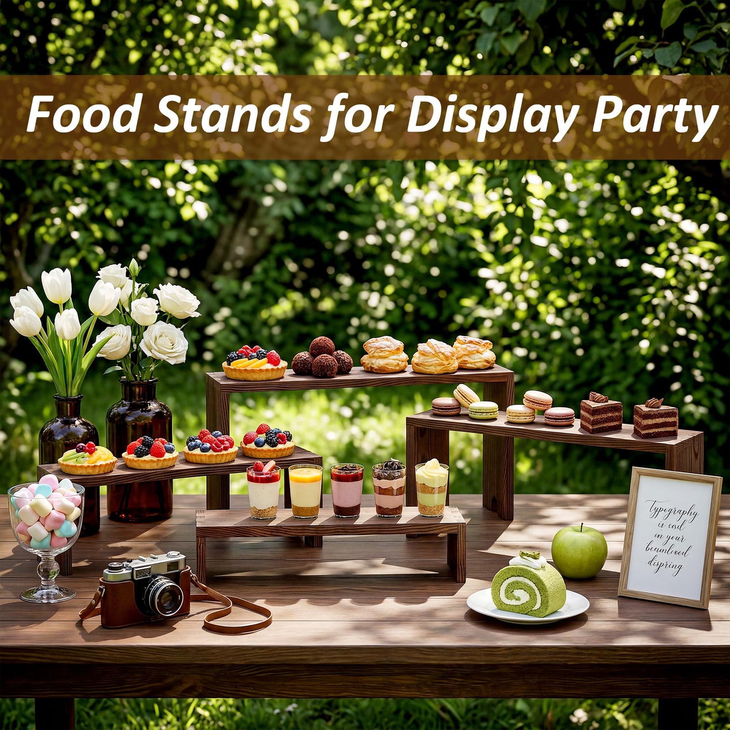 Nyamofly 2 Set Wooden Cupcake Stand for Decor, 4 Tiered Stackable Display Risers, Farmhouse Decor Wood Dessert Table Display Set for Party, Vendor Events, Dark Brown
