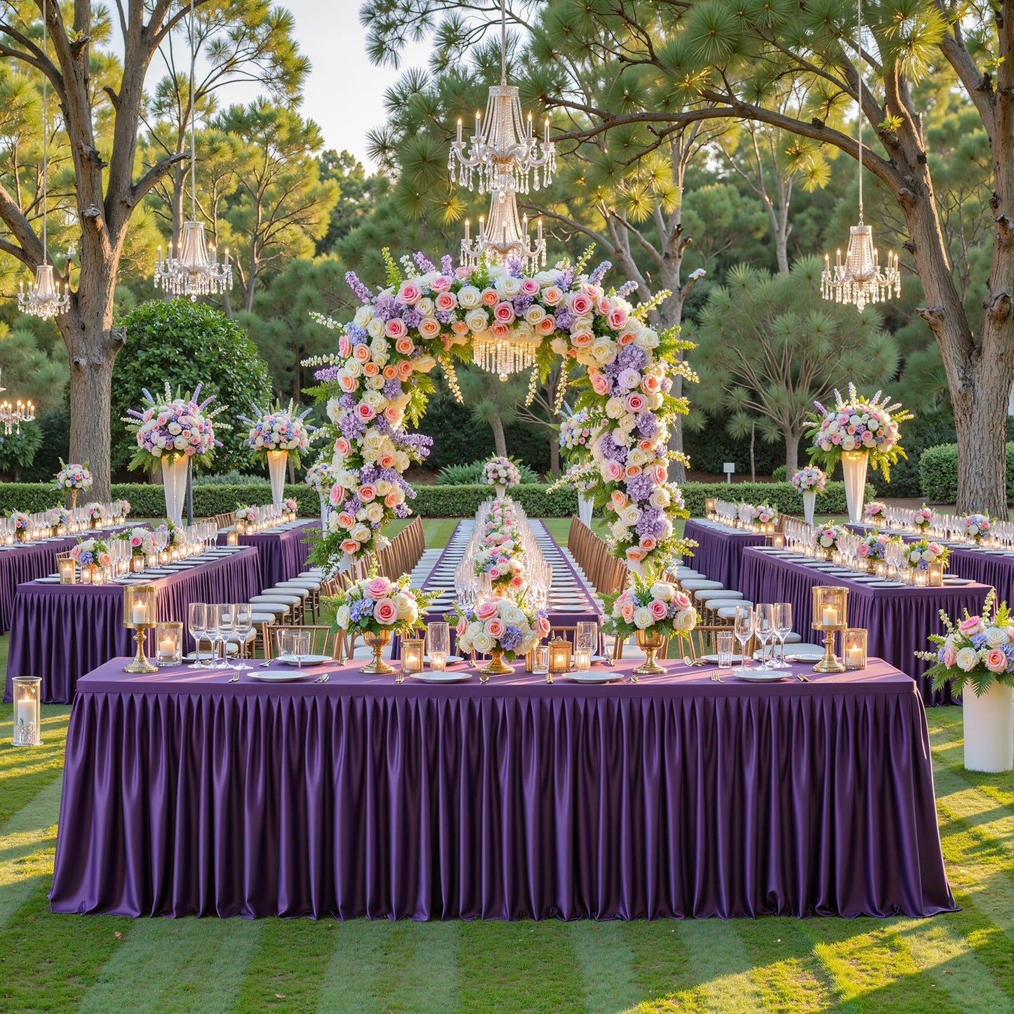 PARTISKY 2 Pack Purple Tablecloths for Rectangle Tables 6ft, Wrinkle Resistant Spandex Table Cover Fitted Stretch Table Cloth with Pleated Ruffle Skirts for Party Banquet Dining Birthday Wedding