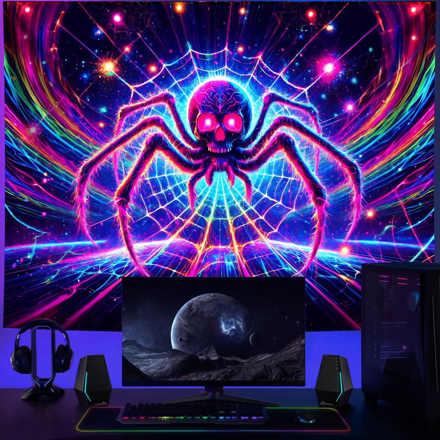 NYZE Blacklight Spider Tapestry Cool Posters Glow in the Dark Tapestry UV Reactive Black Light Halloween Tapestries Easy Hanging Wall Decor for Living Room Dorm Home(59" x 51")