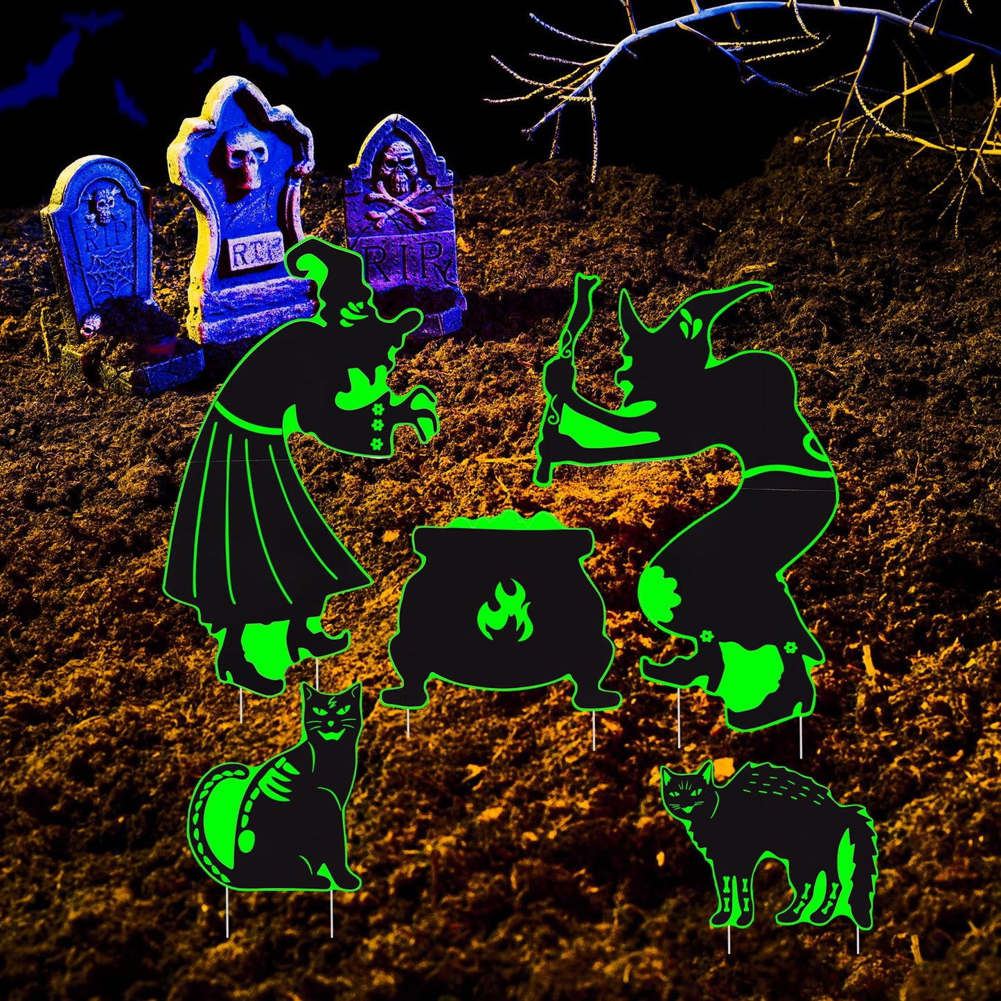 Halloween Yard Signs Decorations Outdoor - 5 Pack Large PVC Witch with Glow in The Dark, Warerproof Black Cat and Cauldron Decor, Halloween Decor with Stakes for Lawn Garden
