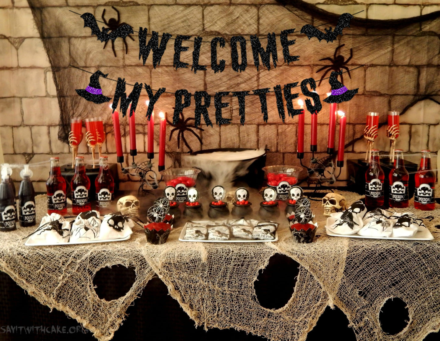 Welcome My Pretties Banner Sign - Halloween Decorations, Welcome Sign Door Hanger, Witches Mantel Fireplace Party Decorations