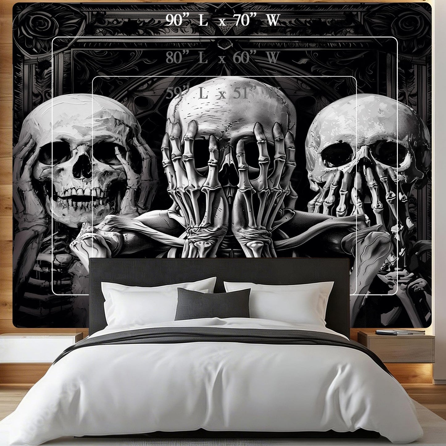 Mitpok Gothic Skull Tapestry Large Spooky Black Skeleton Goth Witchy Vinatge Funny Hilarious Cool Unique Wall Decor 71Hx91W Inch Halloween Wall Art Hanging Bedroom Living Room Dorm Wall Home Decor