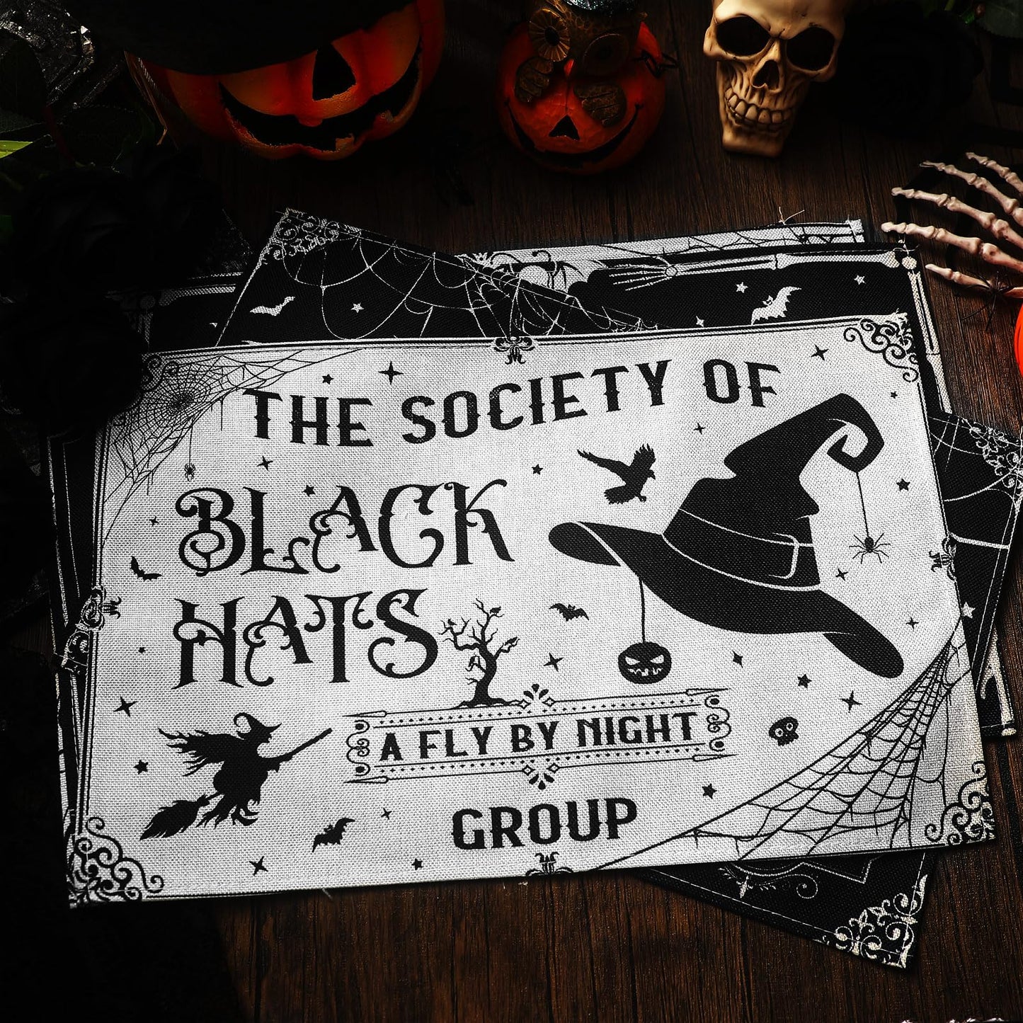 Umigy 6 Pcs Halloween Placemats 12"x18" Gothic Bat Placemats Kitchen Decoration Washable Witch Place Mats Rectangle Skull Table Mats for Halloween Dining Table Accessories(Black White Character Style)