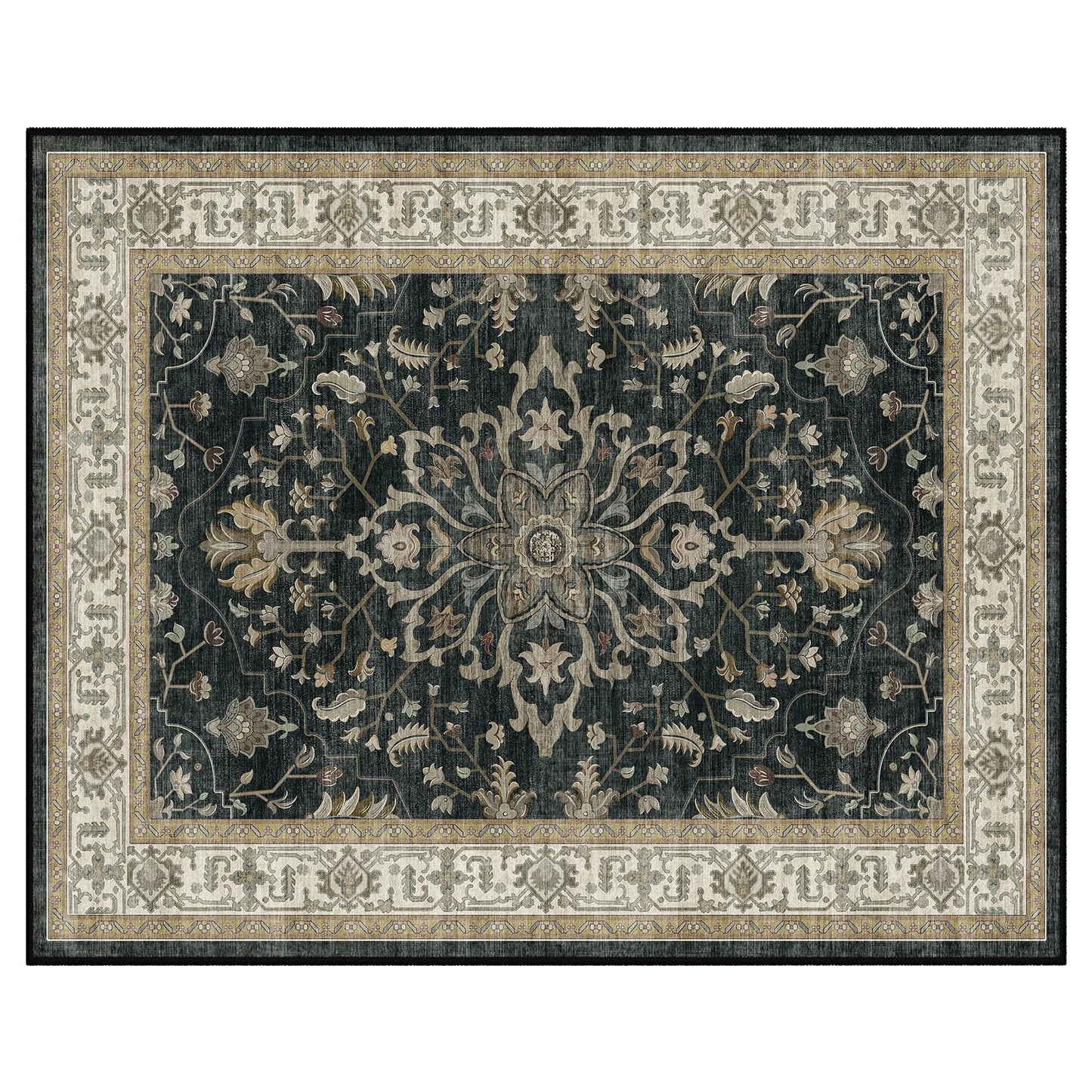 RELEANY Area Rugs 5'x7' Washable Vacuum-Friendly, Non-Slip, Floral Vintage Distress Print Pattern Medallion Carpet for Living Room Bedroom Vintage Black Beige Brown