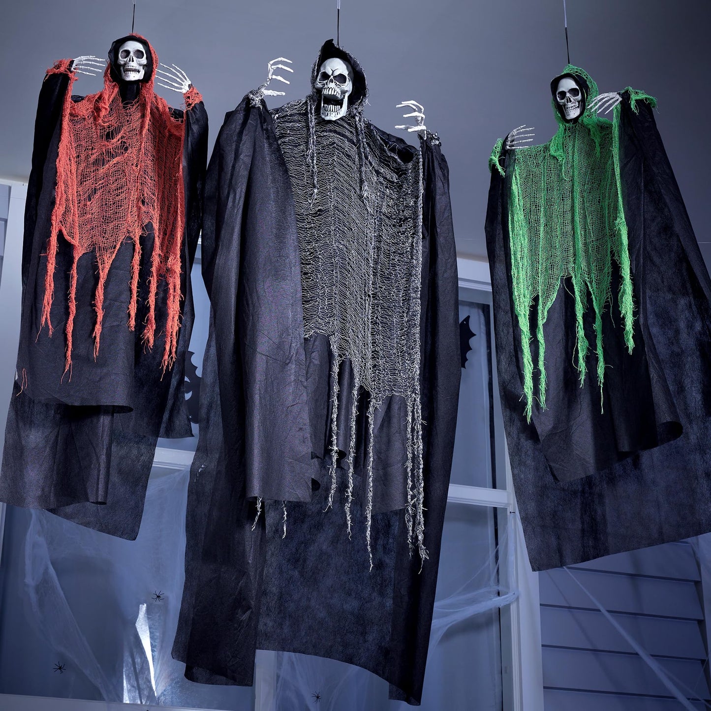 JOYIN 3 Pcs Halloween Hanging Grim Reapers, one 63” Two 47” Grim Reapers, Halloween Skeleton Outdoor Decoration Flying Ghost for Haunted Haunted House Prop, Party Supplies Decor