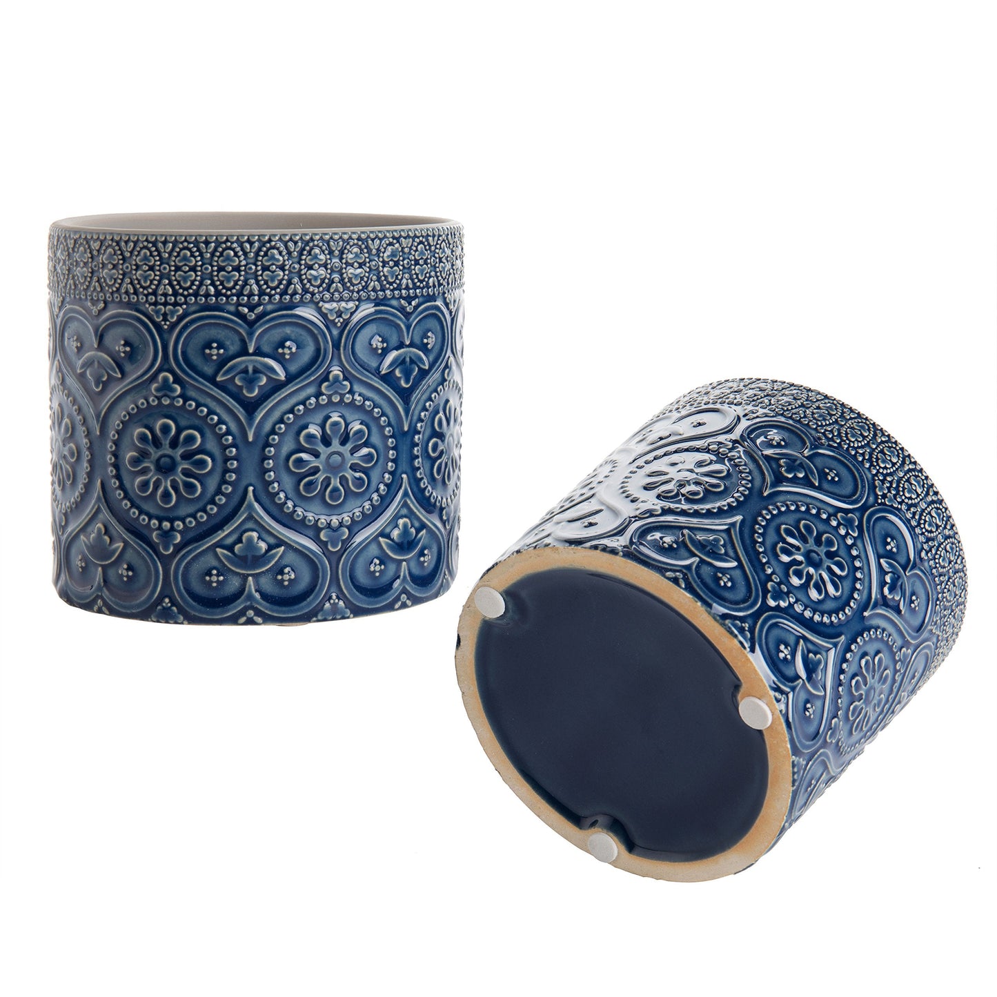 MyGift 4 Inch Cobalt Blue Ceramic Indoor Small Planter Vase, Succulent Plant Pot with Embossed Design and Solid Bottom, Set of 2