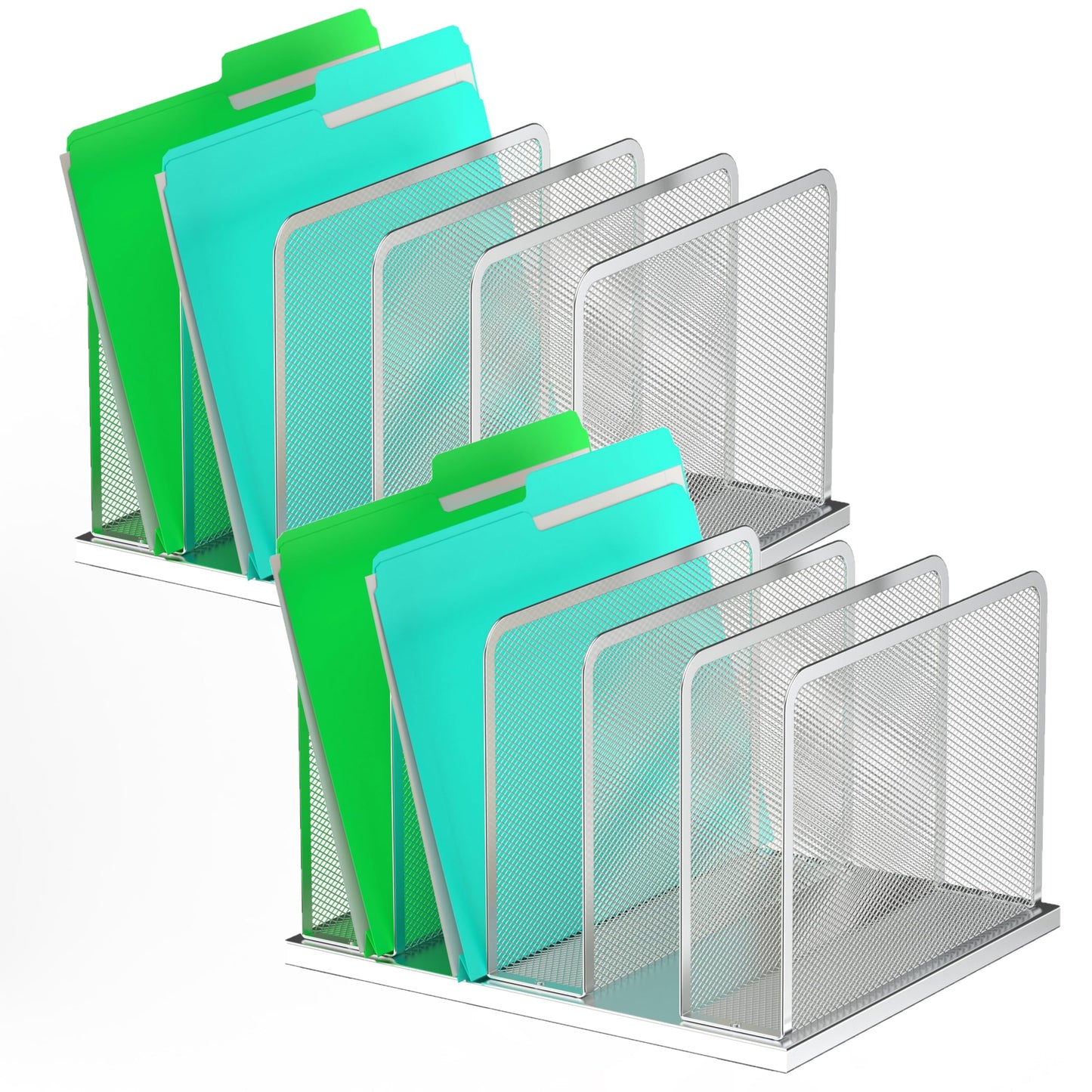 Kuntine.B Desk File Organizer Upright Mesh Desktop Organizer File Sorter Office Organization File Holder for Home, Office & Classroom (Silver, 2 Pack 5-Section)