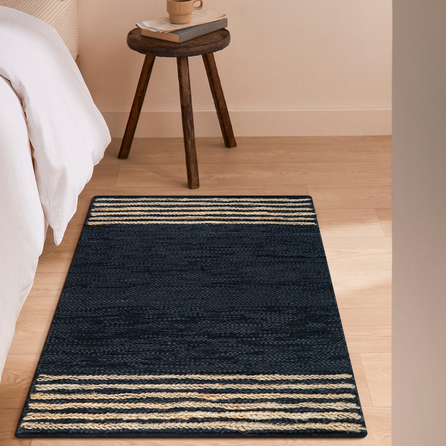 RIANGI Leather/Jute Rug 3'x5' Ft Rectangular Boho Handwoven Farmhouse Braided Rustic Vintage Black Area Rug for Living Room Kitchen Bedroom Hallways Enterways