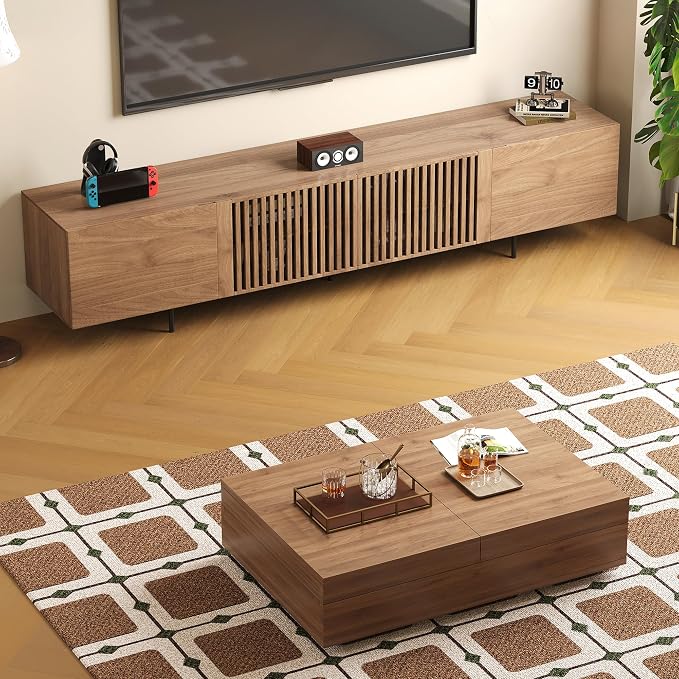 Mid-Century Modern 94.48" TV Stand and Expandable Coffee Table Set, Large Walnut Entertainment Center with Storage for Living Room and Bedroom Furniture Decor