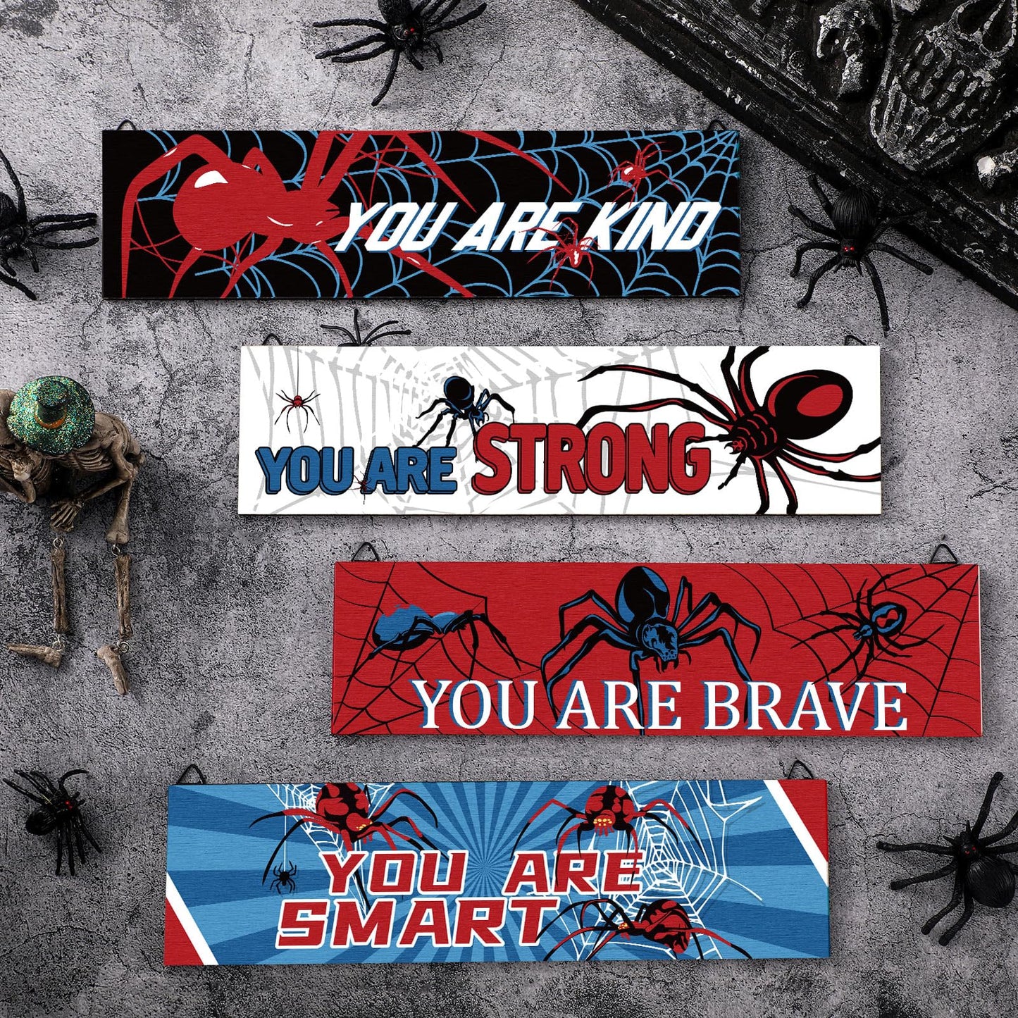 Geetery 4 Pcs Spider Room Decor 16'' x 5'' Boys Bedroom Wall Decor Wooden Inspirational Spider Hanging Sign Kids Large Motivational Wall Art for Little Boy Kid Teen Bedroom Nursery Home Birthday Gift