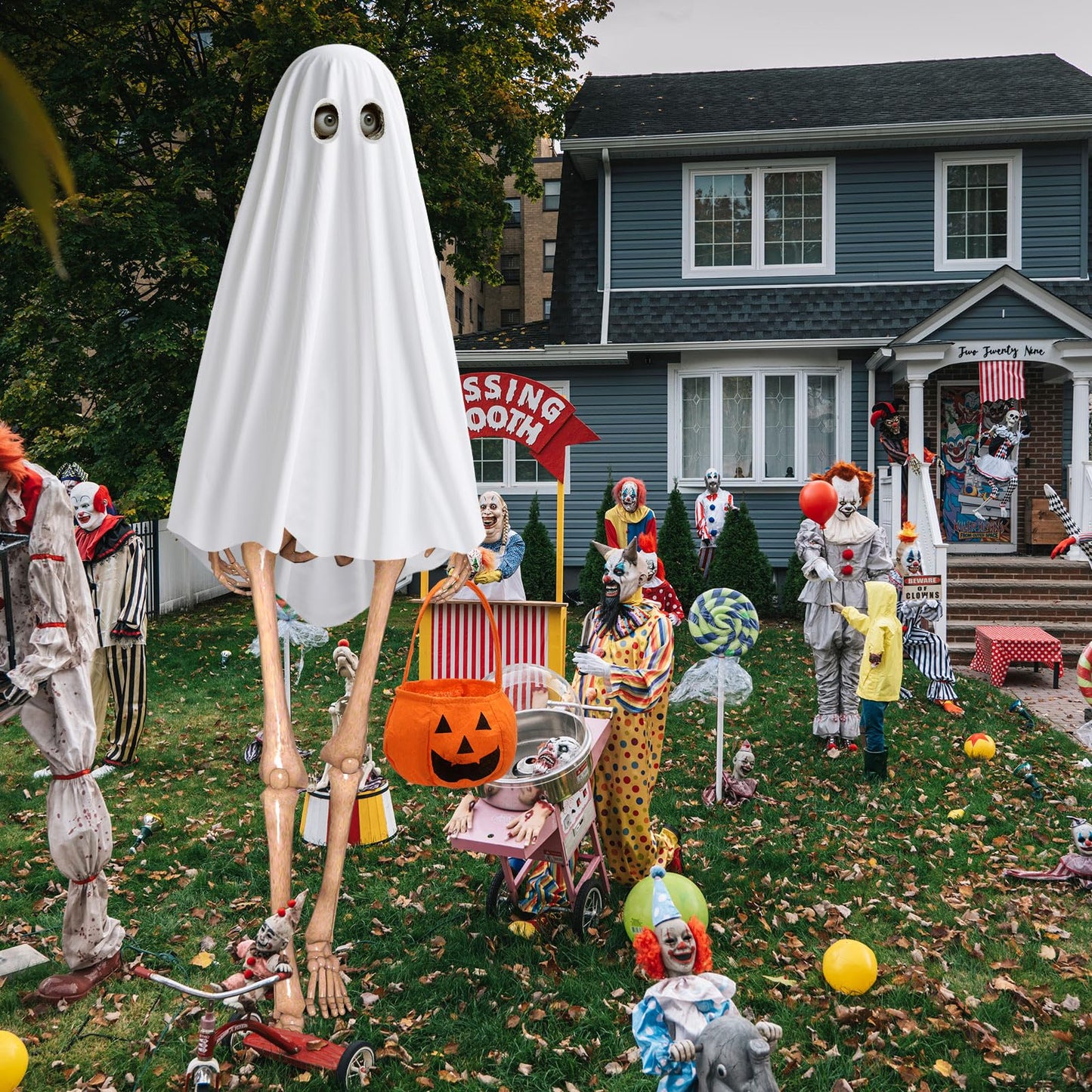 Cozypower 12 ft Skeleton Costume Accessories, Halloween Skeleton Ghost Outfit Set, Includes White Ghost Clothing and Pumpkin Basket for Giant Sized Halloween Garden Outdoor Decor