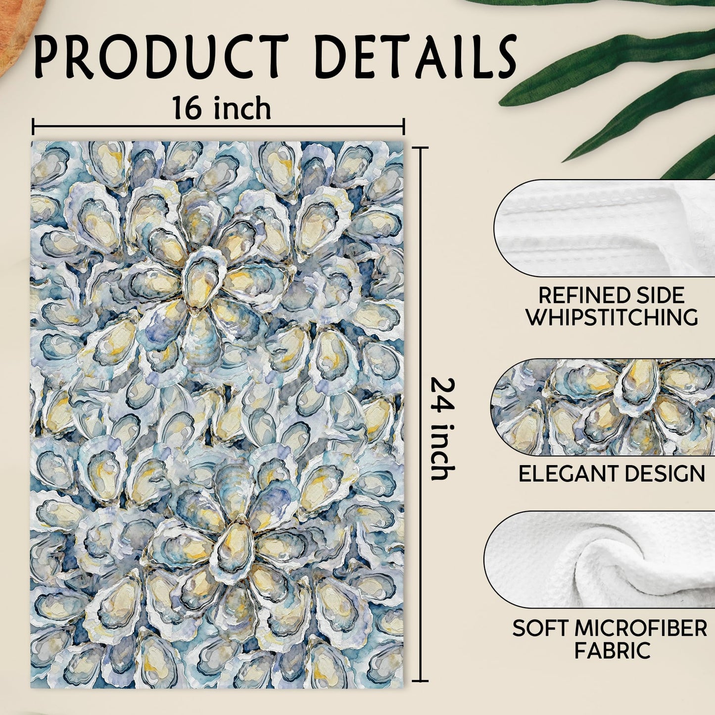 Gnmduw Coastal Beach Oyster Kitchen Towels, Ocean Beachy Oysters Hand Towels Set of 2, Coastal Bathroom Decor, Farmhouse Nautical Oyster Hand Dish Tea Towel for Kitchen Bathroom Decor, 16x24 Inch