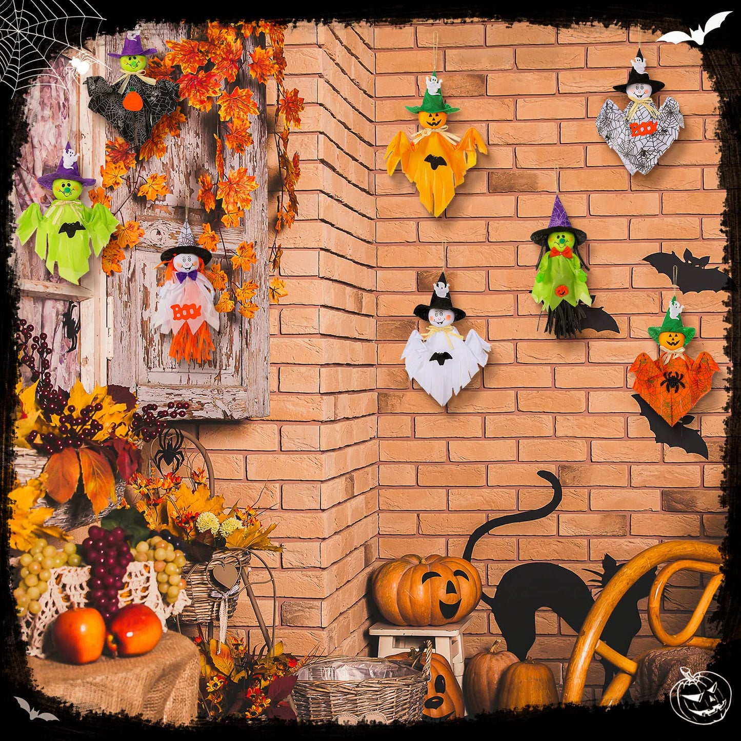 Zomiboo 9 Pack Halloween Decoration Hanging Ghost Pumpkins Decorations Tree Scary Pumpkin Witch Spider Bat Straw Windsock Pendant for Patio Lawn Garden Spooky Party