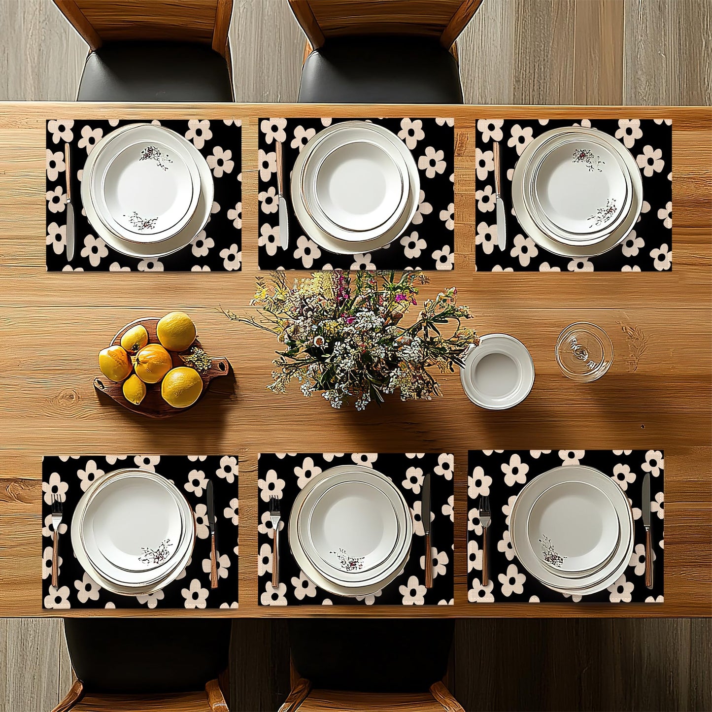 Placemats Set of 6,Abstract Black Flower Heat Resistant Non Slip Table Mats,Washable Wipe Clean Dining Placemats 12 x 18 Inches