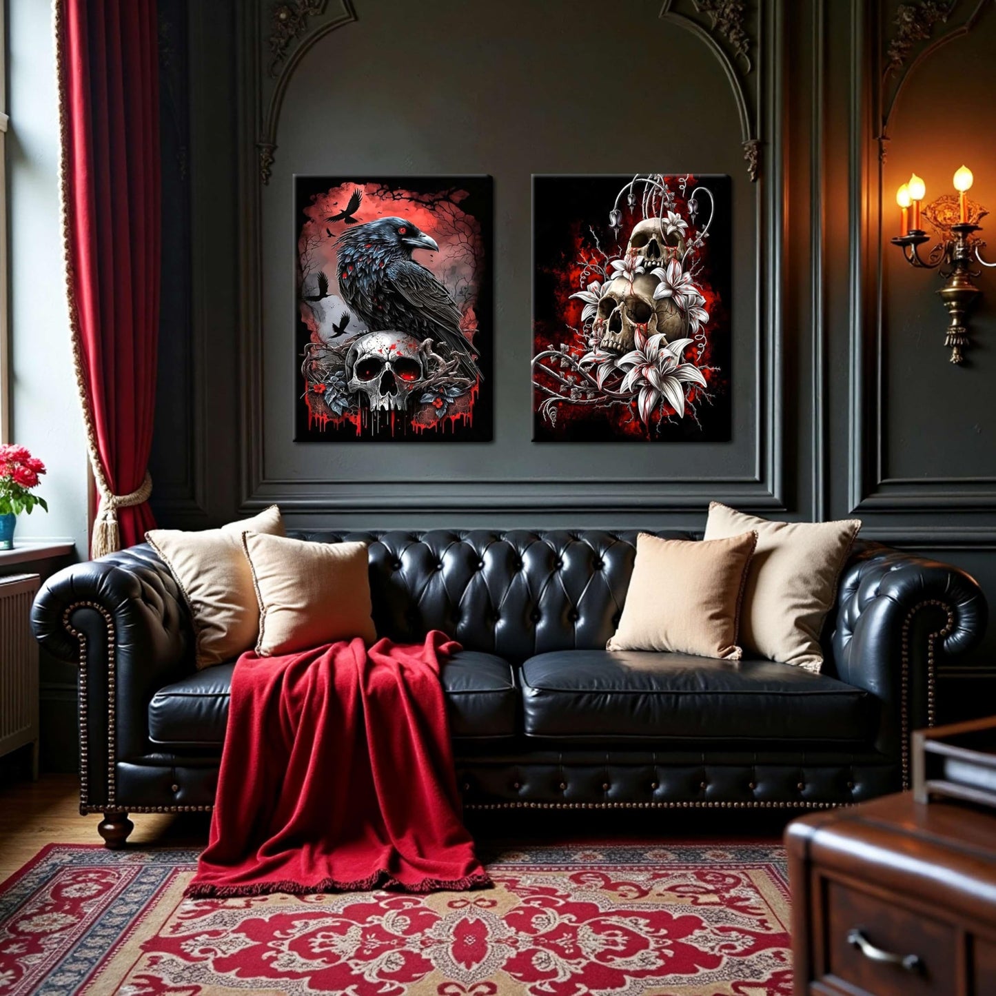 3 Piece Gothic Halloween Canvas Wall Art – Framed Dark Crow Floral Skull Prints, Spooky Romantic Aesthetic Gothic Pictures for Living Room, Bedroom, Bathroom Halloween Decor – 12x16in