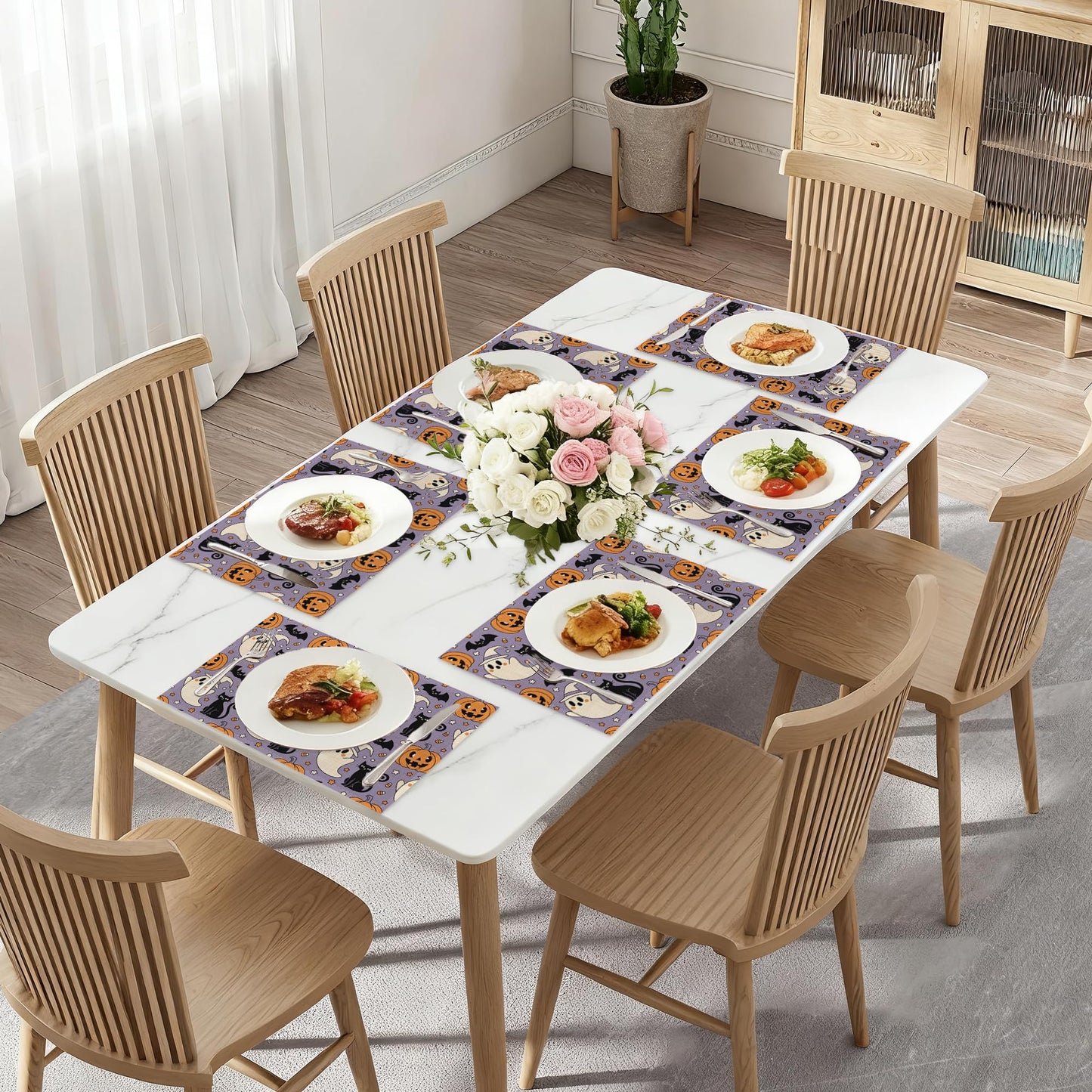 Halloween Ghosts Pumpkins Table Mats Set of 6,Black Cats Non-Slip Washable Placemats for Restaurant Home Kitchen Dinner Table 12x18Inch
