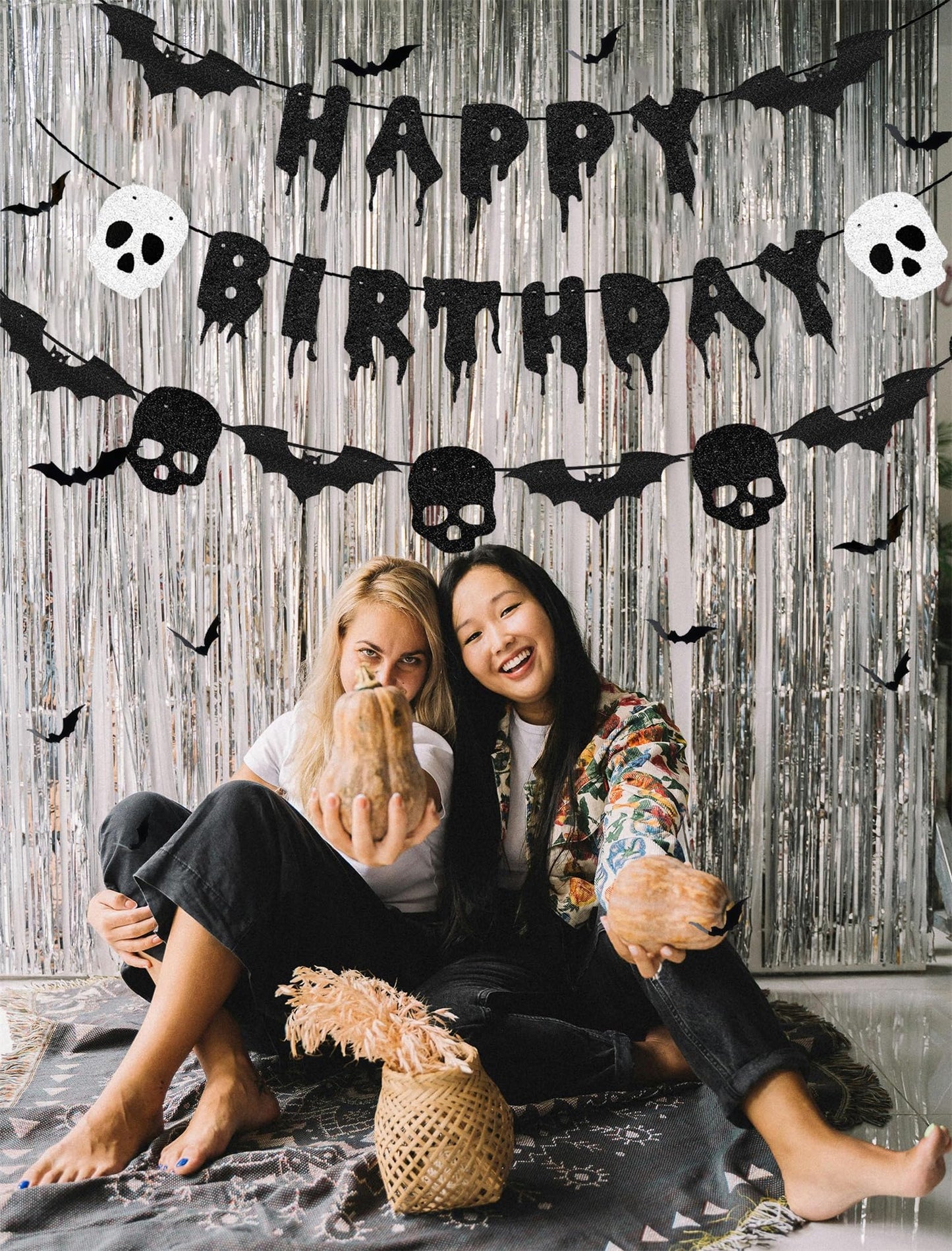Black Glittery Happy Birthday Halloween Banner Bats Skull 3D Bat Sticker for Horror Birthday Party Decorations Scary Party Decor