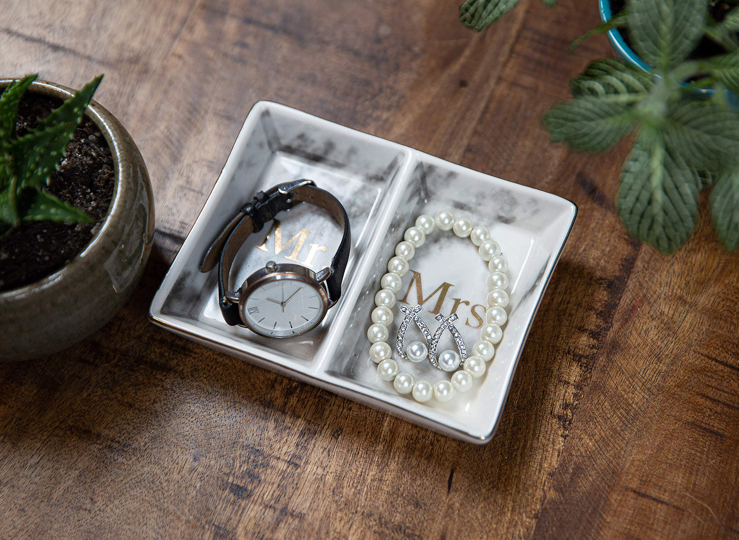 Aller Home & Kitchen Mr. & Mrs. Ring Dish - Marble Design Trinket Dish, Couples Ring Holder Dish - His and Hers Two Section Jewelry Dish Tray, Great for Wedding and Engagement Gifts