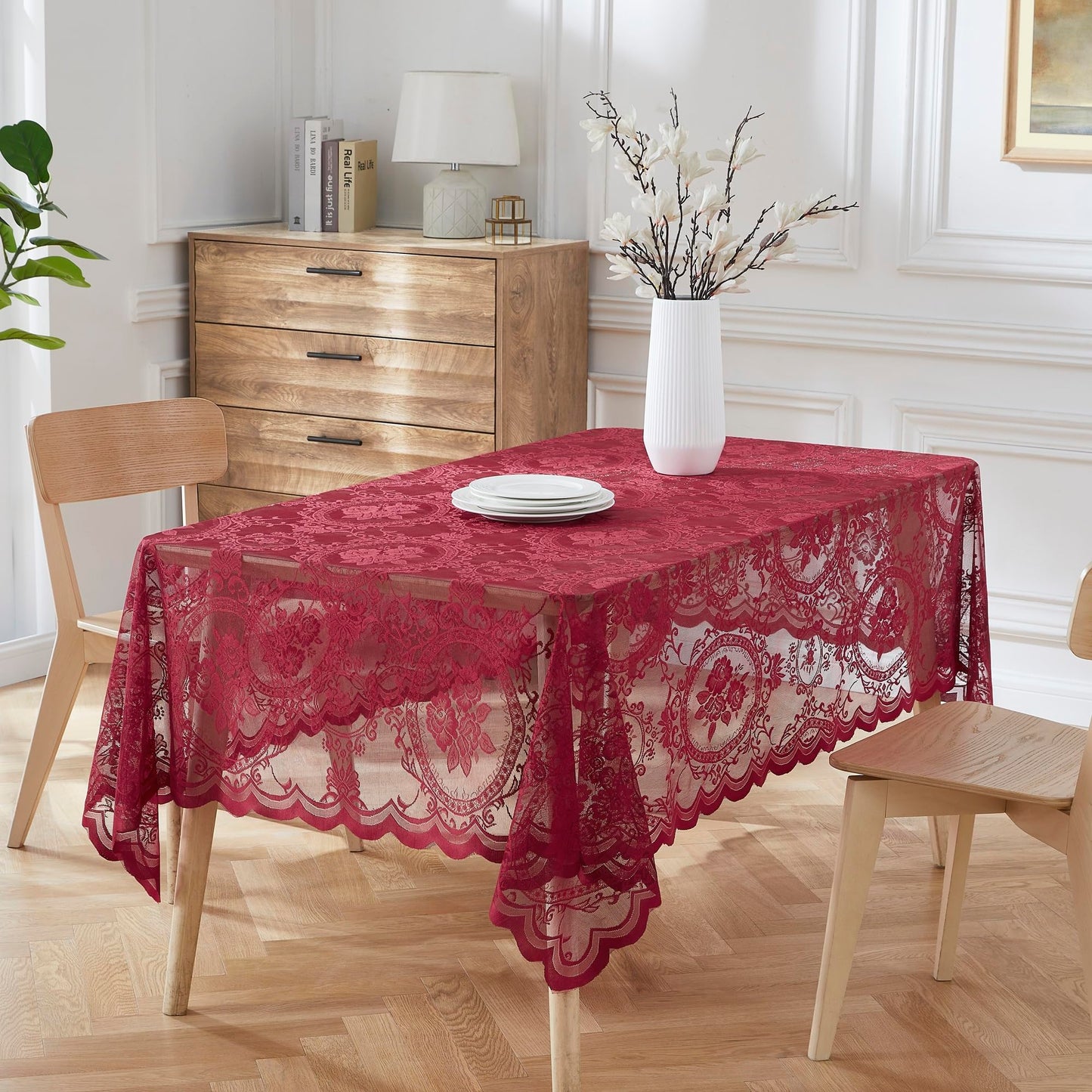 Noir Gothic DÉCOR 60 x 104 Rectangle Burgundy Red Lace Tablecloth for Gothic Kitchen Décor. Rectangular Gothic Tablecloth with Flower Design for Goth Theme or Halloween Party. (SHT Burgundy 60x104)