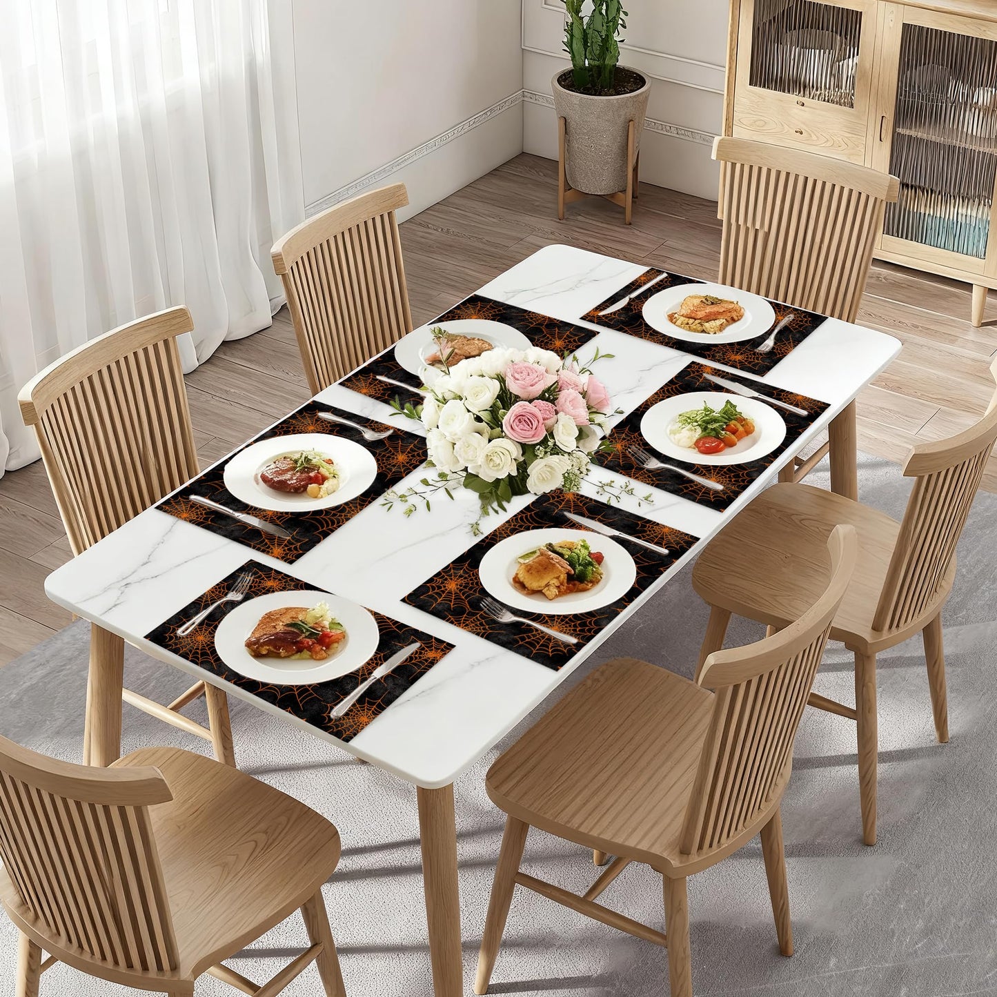 Spider Web Placemats Set of 6,Halloween Dinner Table Mats Non-Slip Washable Mats for Kitchen Dinner Party Tablemat 12x18Inch