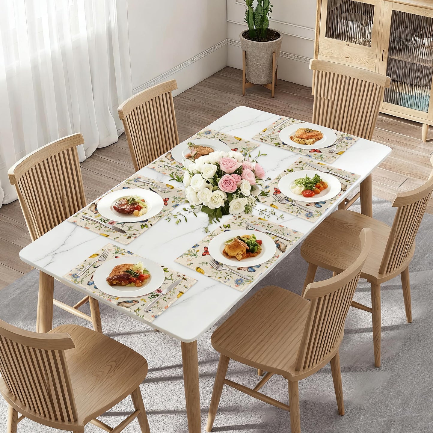 Vintage Bird Placemats Set of 6,Butterfly Flower Waterproof Heat Resistant Dining Table Plate Mat for Home Kitchen Dining Table 12x18Inch