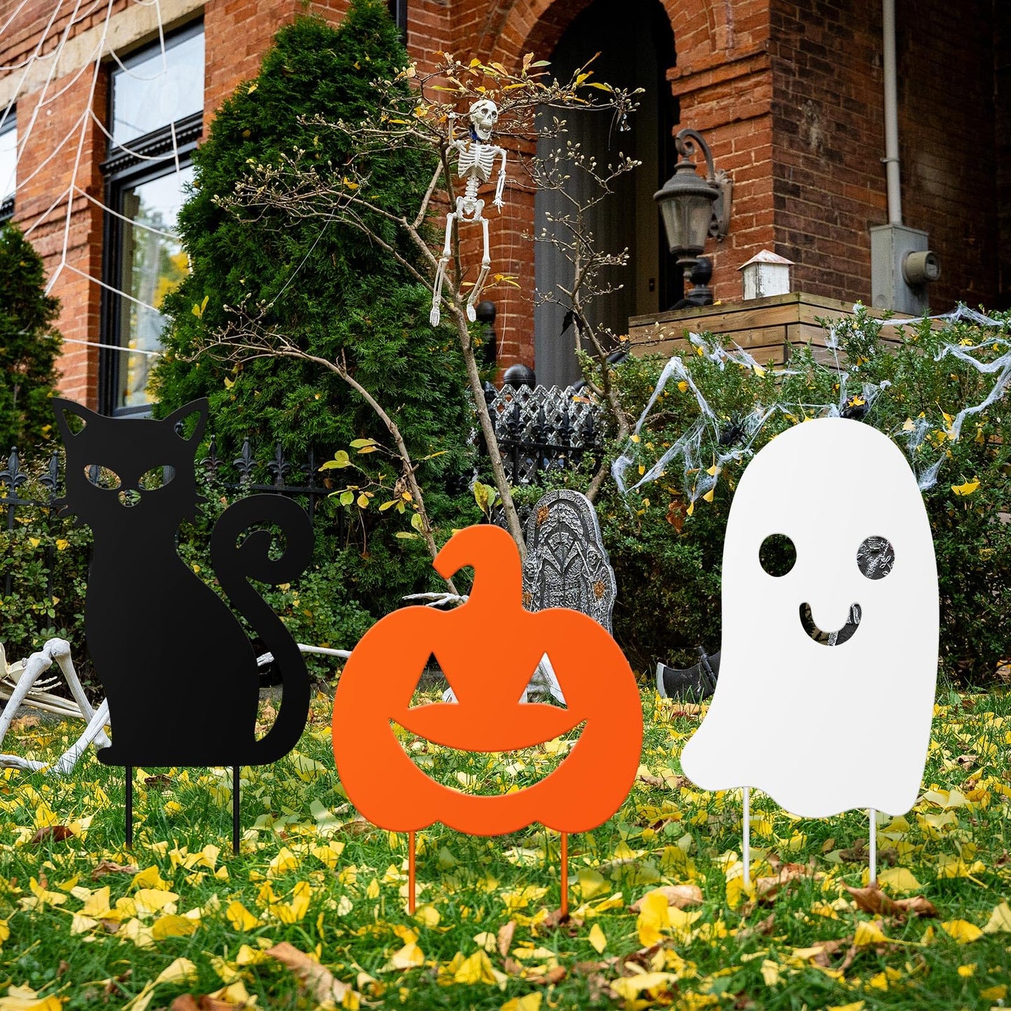 Lingvee 3 Pack Halloween Decorations Outdoor Metal Halloween Garden Stakes Metal Ghost Pumpkins Black Cat Yard Signs Decor for Outside Garden Lawn Porch Patio Party Decorations(Mixed Style)