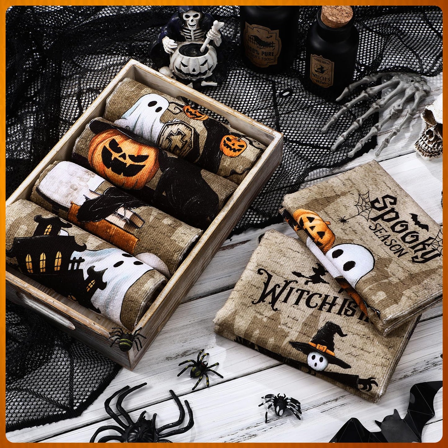 Ganeen 6 Pcs Halloween Kitchen Towels Dwarfs Cobwebs Witches Castles Dish Towels Fiber Fingertip Hand Towel Decorative Tea washtowels 14.2 x 21.3 Inch for Decorative Bathroom Holiday (Goth)