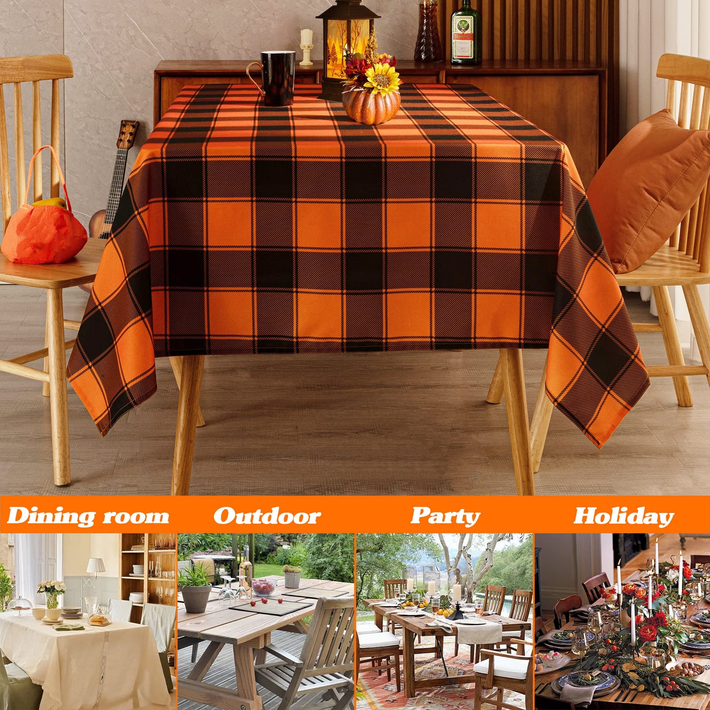 MikiUp Checkered Rectangle Halloween Tablecloth - Waterproof, Wrinkle Resistant and Washable Gingham Table Cloth Decorative Table Cover for Party, Orange/Black 60 x 84 Inch