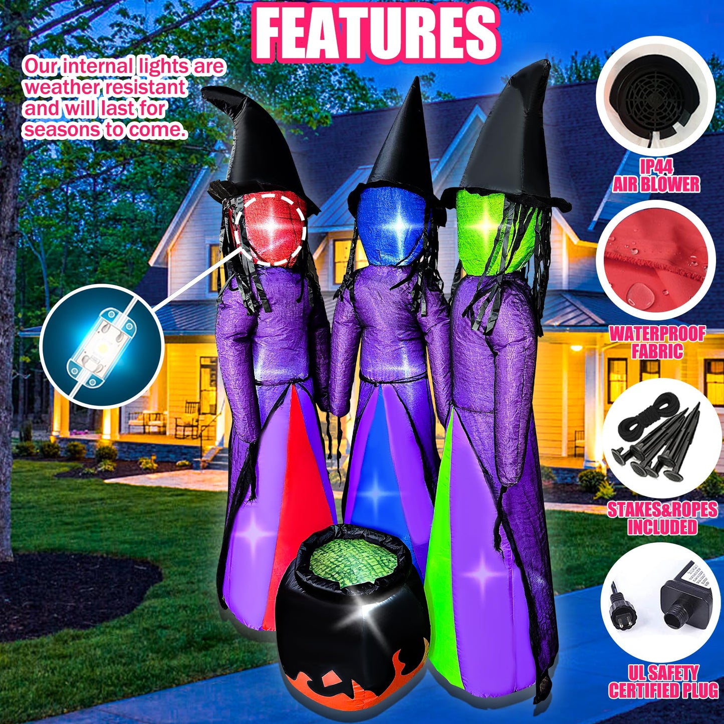 BLOWOUT FUN 6 FT Halloween Inflatables 3 Holding Hands Witches with Cauldron Blow Up Inflatables Halloween Faceless Witch Decorations with Build-in LEDs for Home Yard Lawn Garden Party Decor