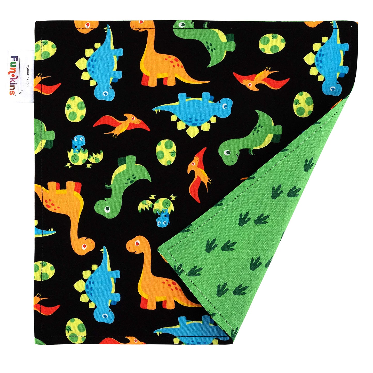 Funkins Reusable Cloth Napkins for Kids | 12”x12”, 2-Ply, Thick, Absorbent, Durable | Machine Washable | Name Tag | Soft Cotton Fabric | Set of 2 Napkins (Black Dinosaurs)