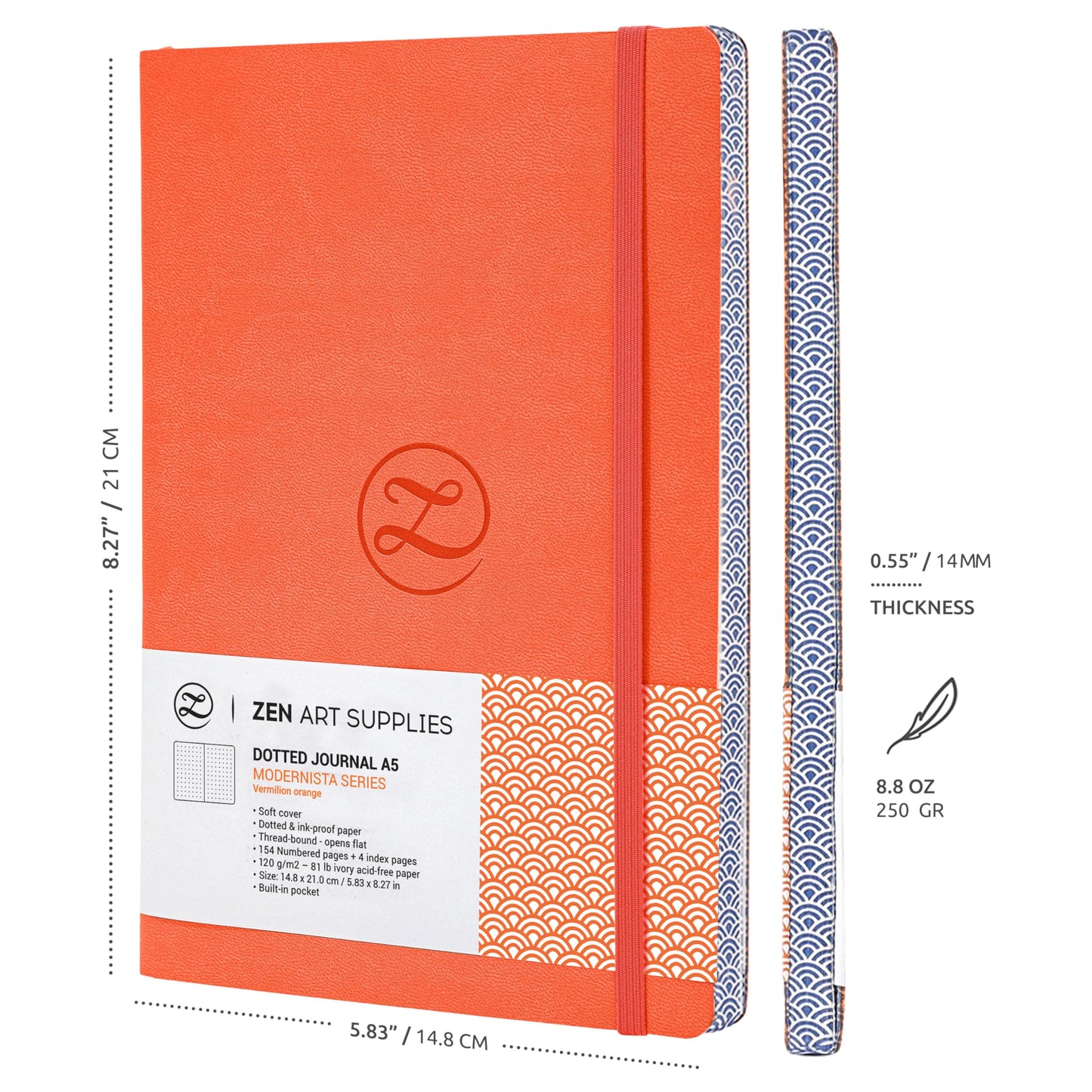 ZenART Supplies A5 Bullet Dotted Journal - Enjoy Bullet Journaling with a Soft Cover, Non-Bleed Thick 120gsm Paper with Japanese Edge Motif - Orange Faux Leather Lay Flat Dot Notebook