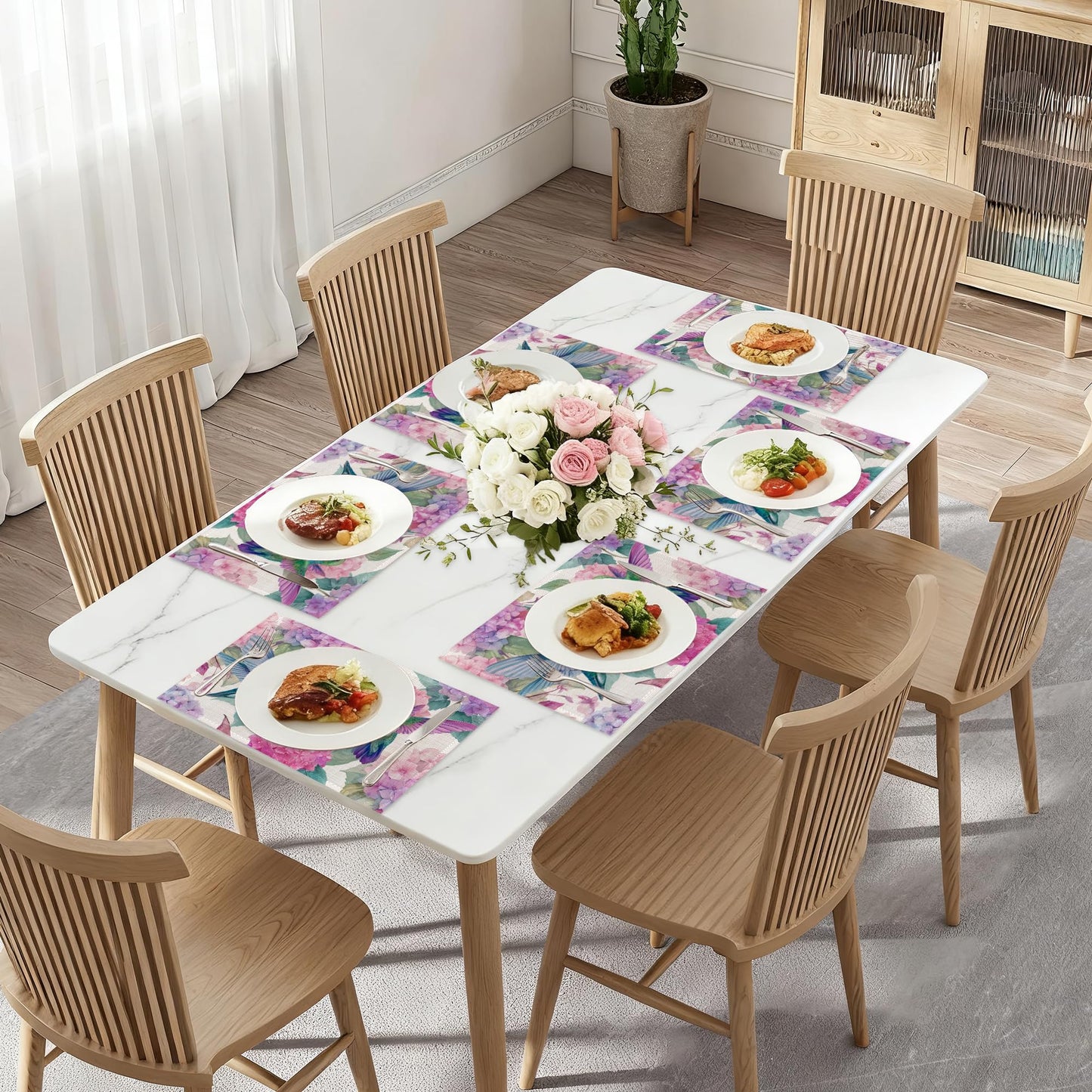 Hummingbird Placemat Set of 6,Flower Floral Heat Resistant Linen Table Mats for Indoor Outdoor Home Kitchen Dining Room Table 12x18Inch