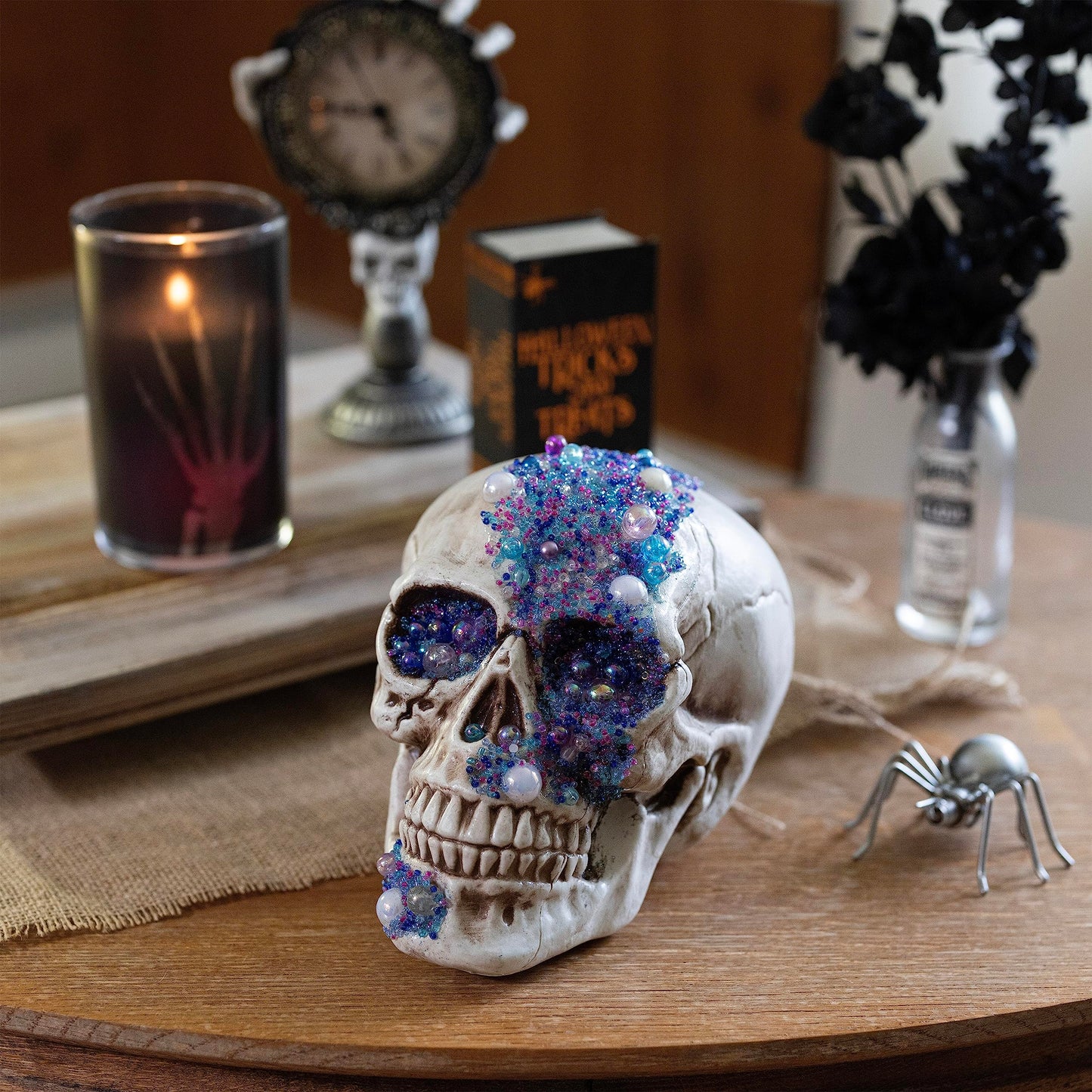 Halloween Pirate Treasure Skulls - 2 Pk, 8" Human Heads with Gem Studded Rhinestones - Indoor Home Decorations, Skeleton Prop Sculptures- Fall Party Decor for Haunted Houses Gothic Bone Table Statue