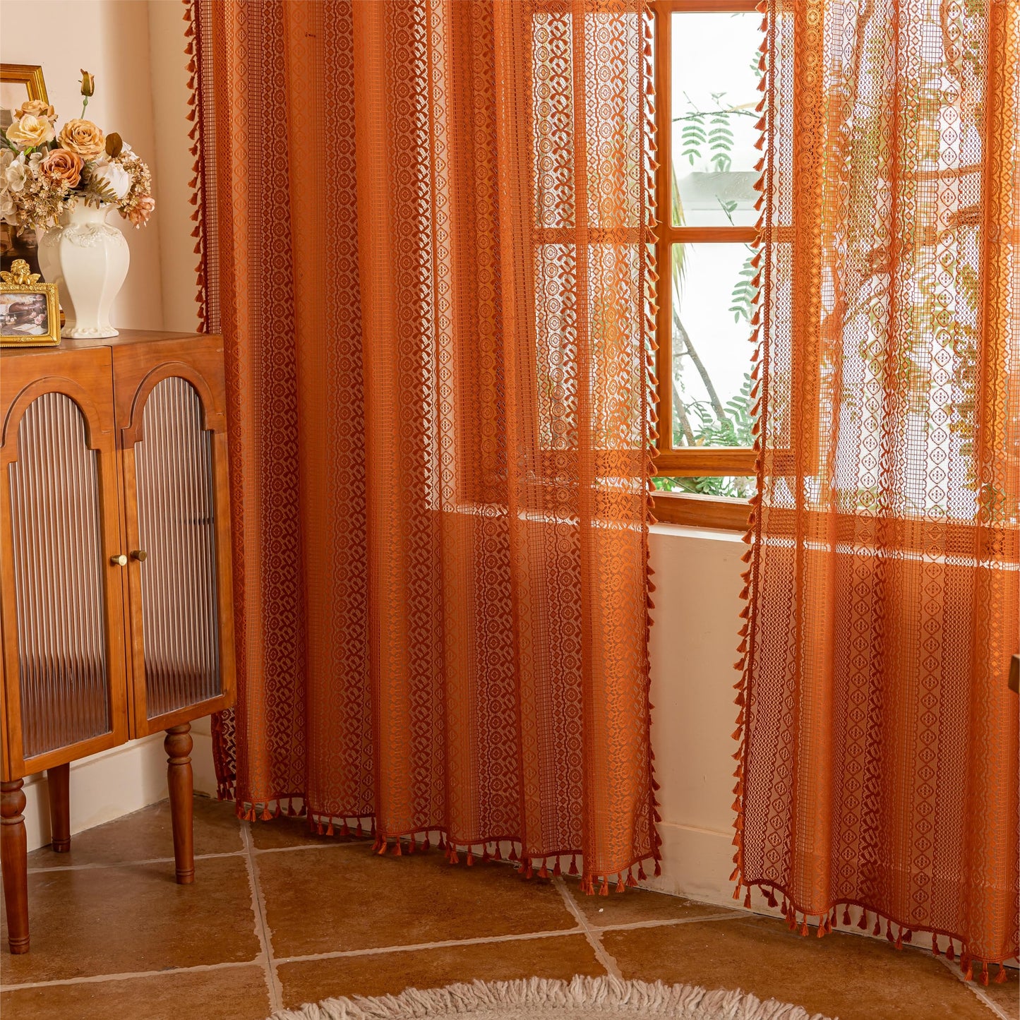 Sutuo Home Terracotta Boho Lace Curtains 2 Panels 84 Inches Long for Living Room&Bedroom, Burnt Orange Crochet Privacy Farmhouse Vintage Tassels Retro Halloween Window Sheer Curtains Rod Pocket,50" W