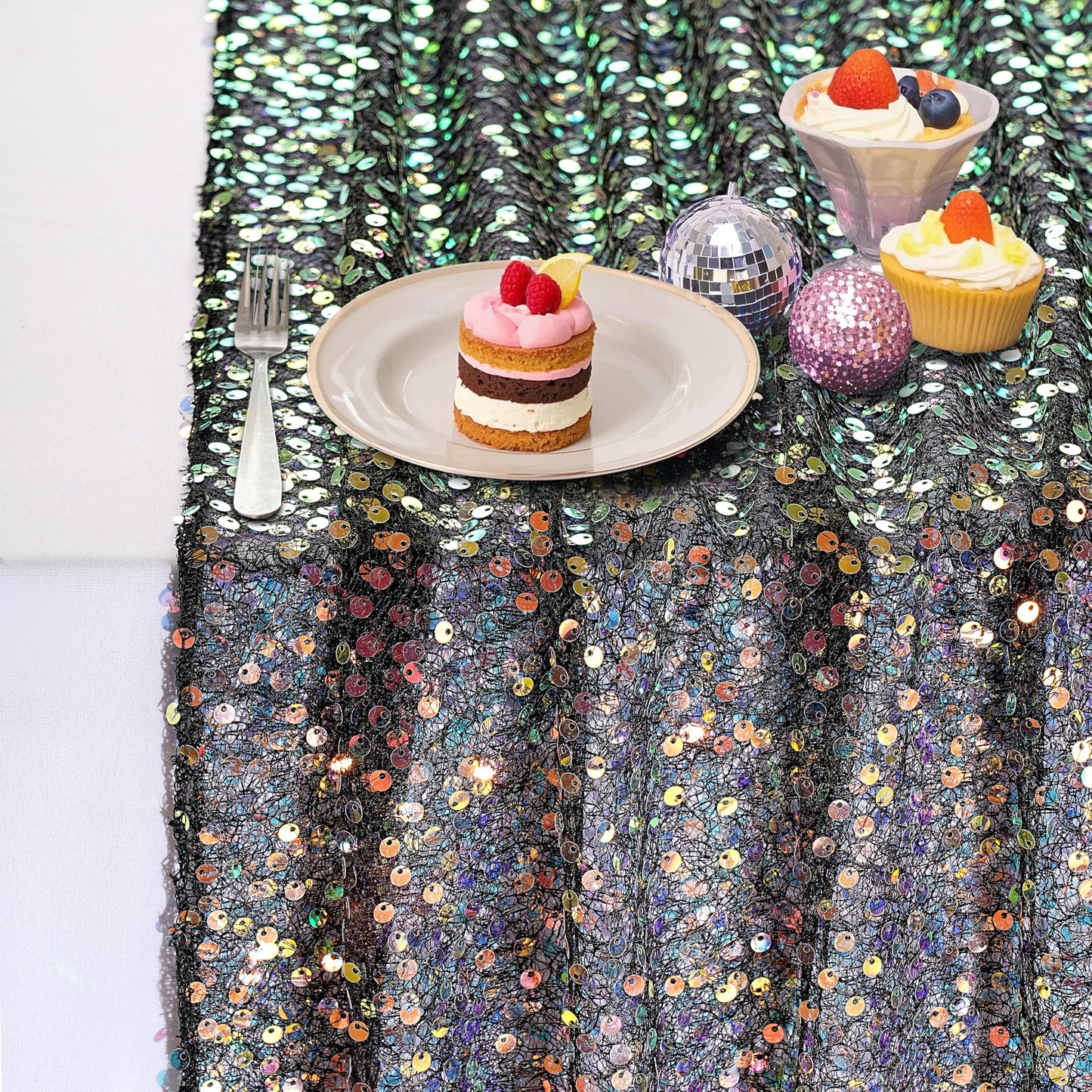 Black Sequin Table Runner 25"x120" Iridescent Table Runner Sparkly Fabric for Black Wedding Bachelorette Holiday Celebration Halloween Party Decorations