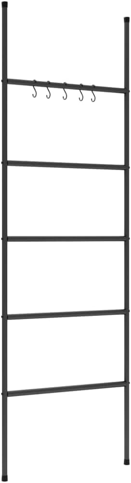 Iron 5 Tier Towel Rack Ladder, Black Free Standing Towel Holder with 5 Hooks, Sturdy Wall Leaning Storage Rack for Bathroom Living Room Bedroom Hallway, 22.8x68.9 Inches