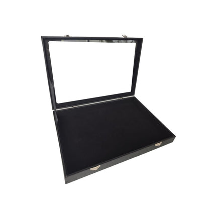 Wooden Jewelry Organizer Tray Box with Clear Lid, Travel Rectangle Organization Storage Box with Metal Clasp, Velvet Blank Jewelry Display Case for Necklaces Bracelets Rings Accessories (Black)