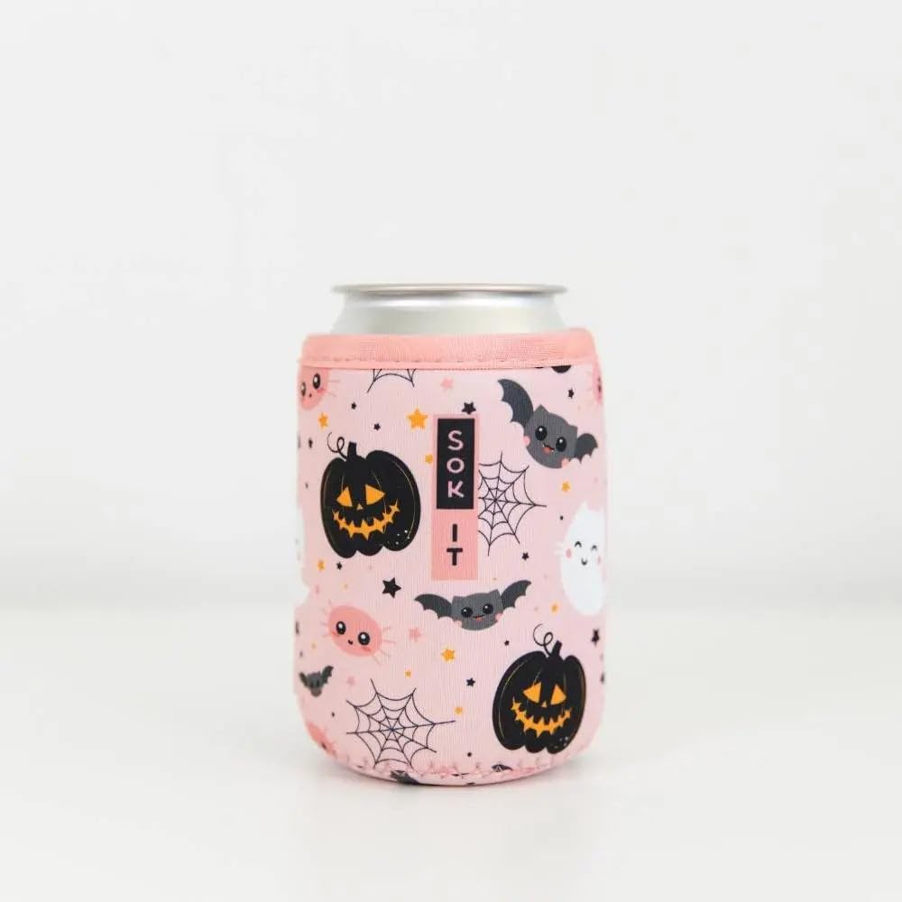 Sok It CanSok Sleeve for Beer & Soda Insulated Neoprene Cover (Spooky in Pink, 12oz Slim Can Sleeve)