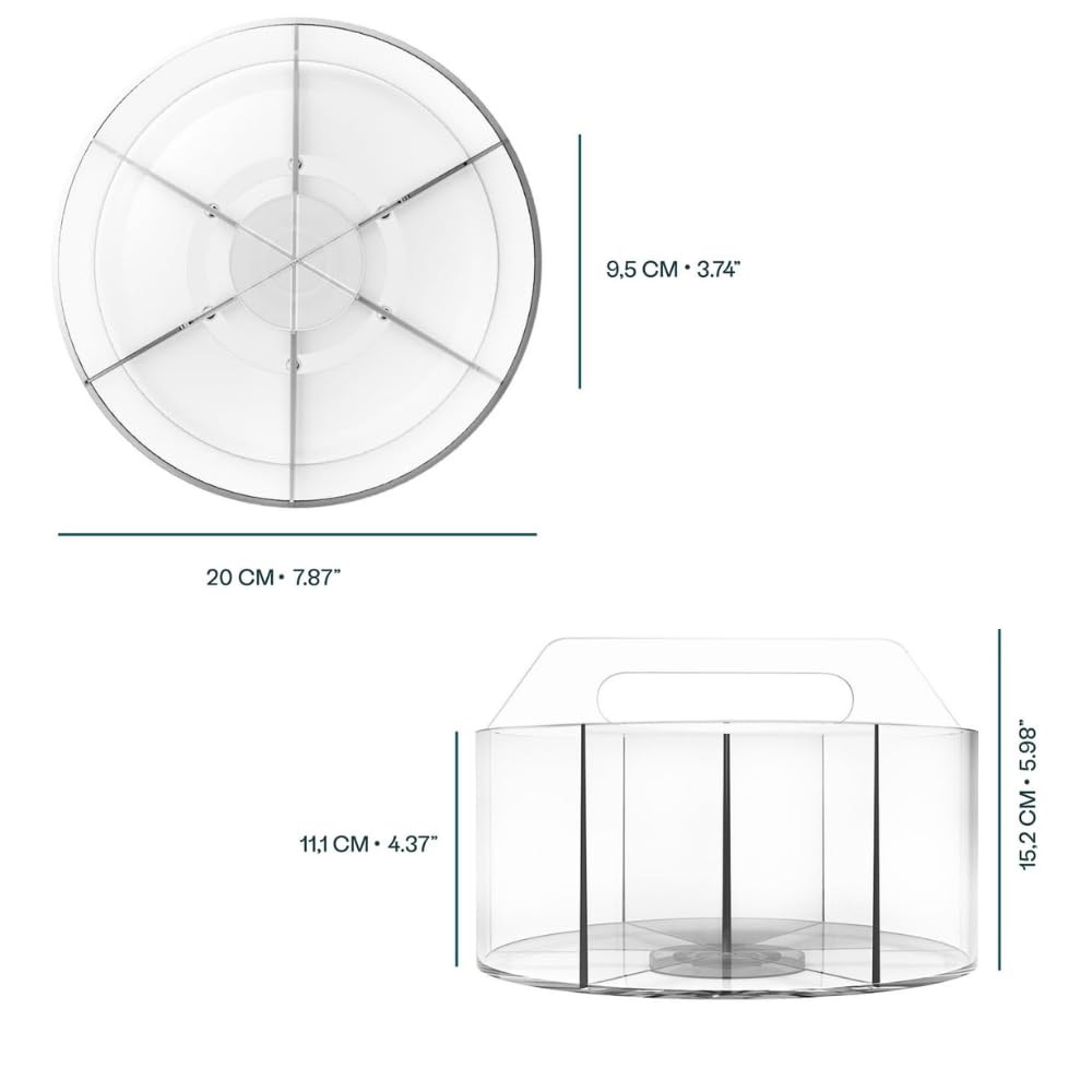Craftelier - Pen Holder for Desk, Clear Acrylic 360 Degree Spinning Organizer With 6 Storage Slots with Carry Handle and 7.87" (20 cm) Diameter, Ideal for Home, School & Office Supplies