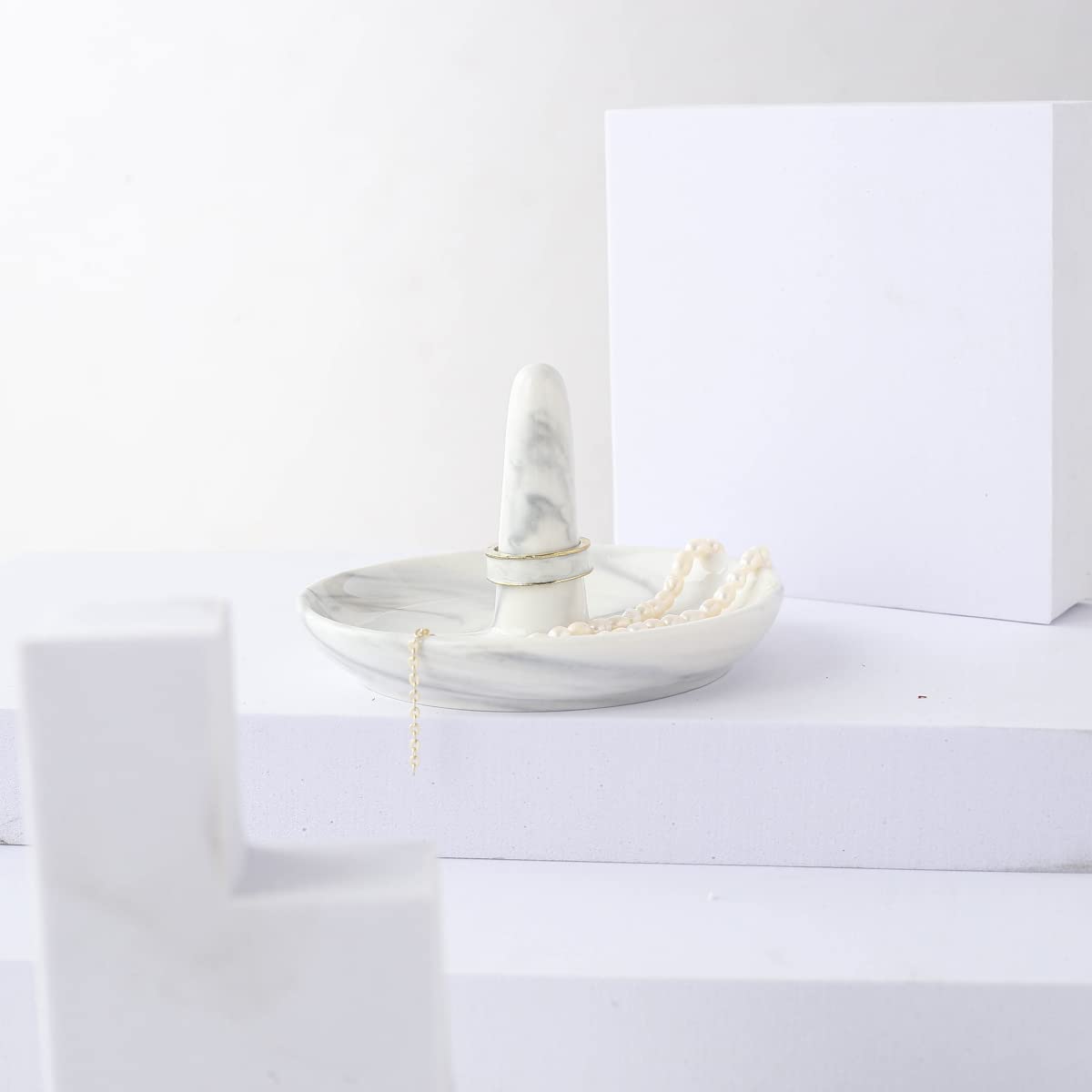 oskas Marble Ring Dish Holder,Decorative Porcelain Trinket Jewelry Dish Tray for Rings Earrings Necklaces,4 inch,Engagement Wedding Birthday Mother's Day Christmas Gift