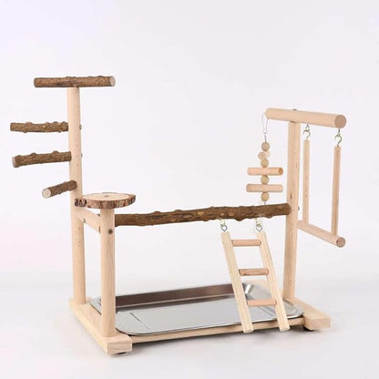 Wooden Parrot Playground Stand, Bird Play Gym for Small Medium Large Parrots, Natural Wood Bird Perch Stand for Parakeet Cockatiel Conure African Grey Macaw, Stable Easy-to-Clean Play Area