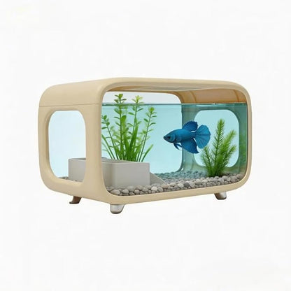 Desktop Fish Tank, 3.2Gal Small Betta Fish & Turtle Tanks, Aquarium Bowl with Detachable Basking Platform, Multi-Functional Areas Aquascape Tanks for Fish Terrapin Frog Shrimp Crab (White)