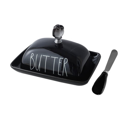 Oskas Halloween Themed Black Porcelain Butter Dish with Lid and Skull Knob, Butter Keeper with Cover for East West Coast Butter