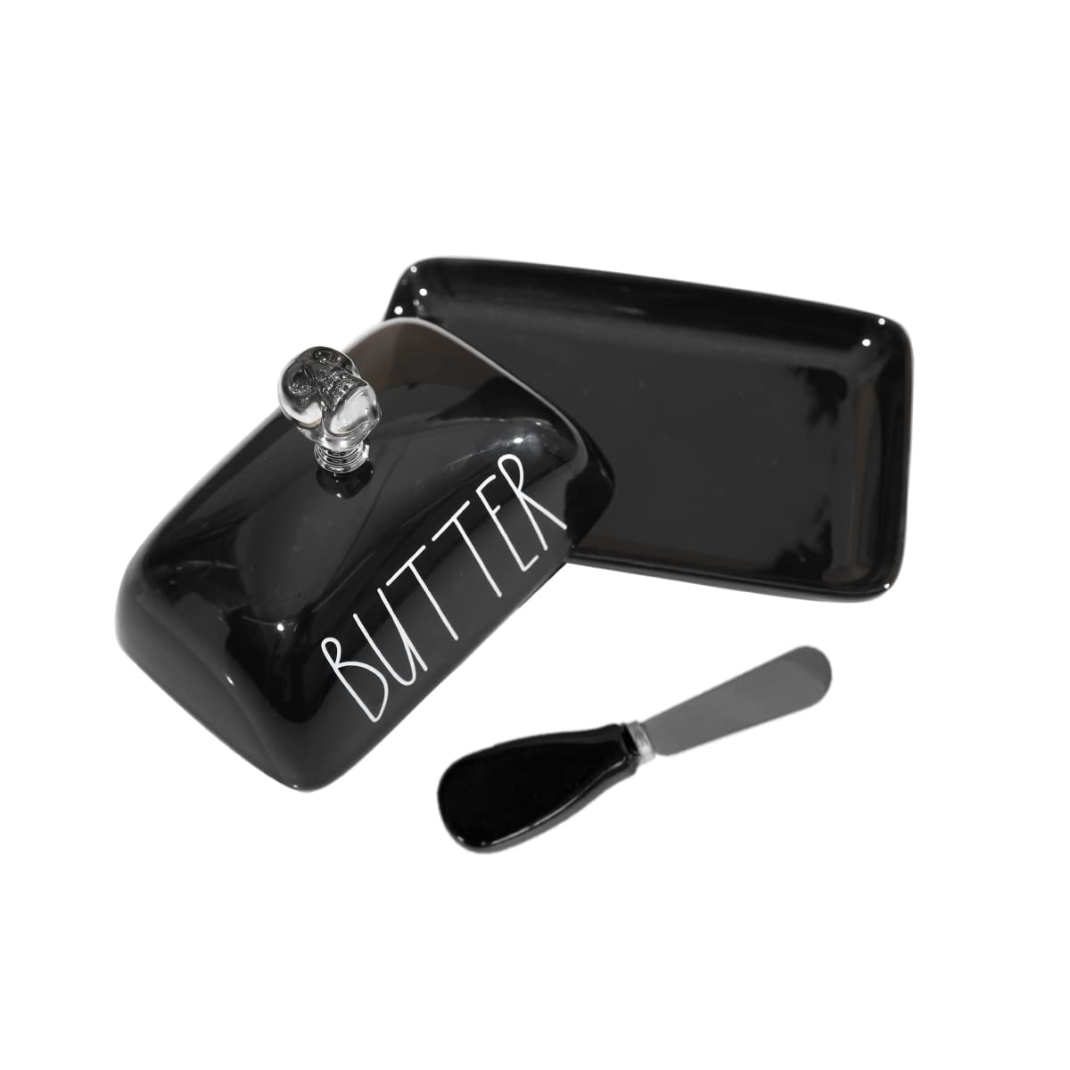 Oskas Halloween Themed Black Porcelain Butter Dish with Lid and Skull Knob, Butter Keeper with Cover for East West Coast Butter