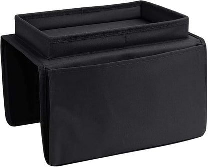 Sofa Armrest Organizer with Cup Holder No-Slip Couch Sofa Armrest Organiser Couch Remote Caddy Control Holder with 1 Large Pockets and 3 Small Pockets for TV Remotes Cellphone Magazines Drinks (Black)